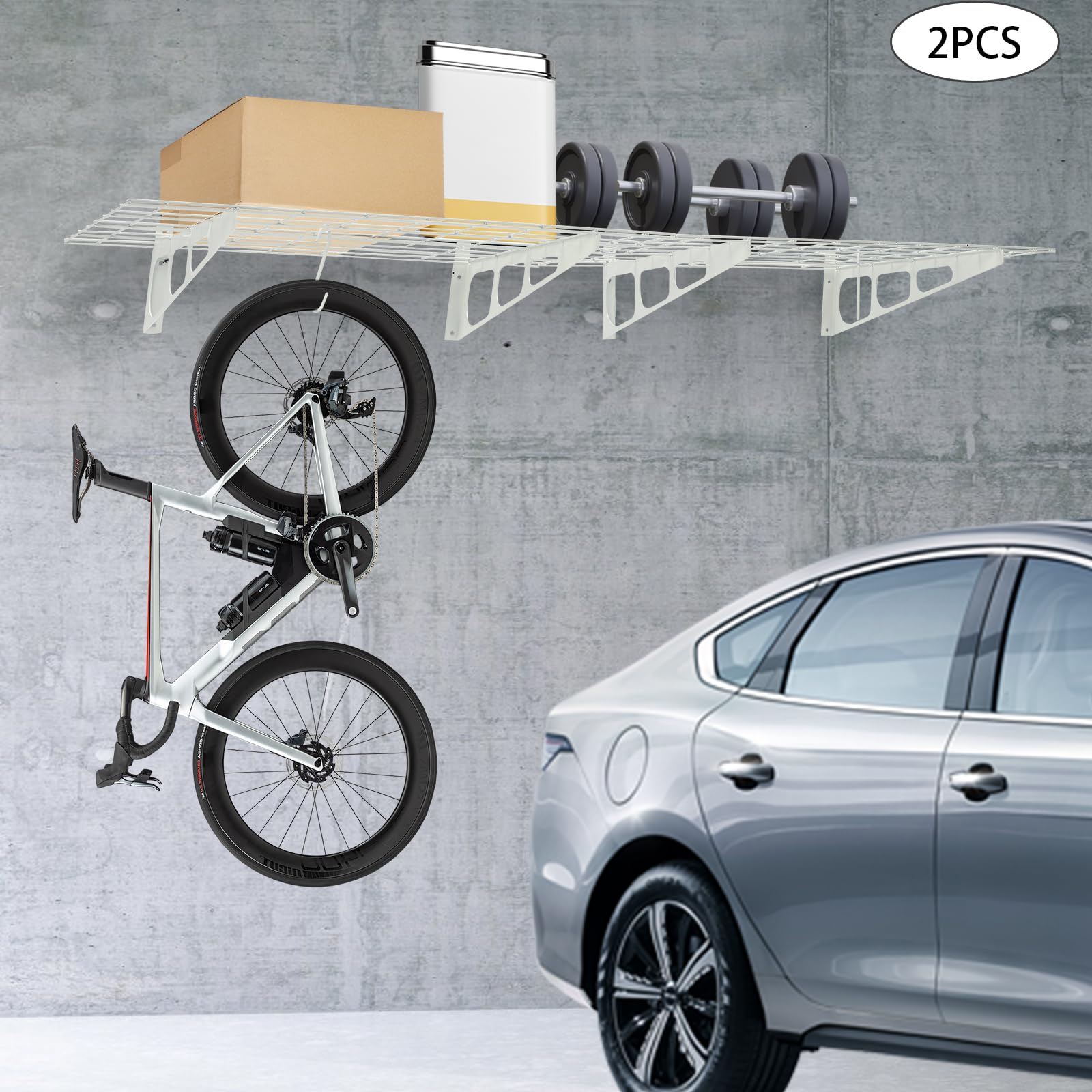 CNCEST Garage Wall Shelf, Garage Storage Rack, 24 x 72 inch 400lb 2-pcs with 4 Hooks Wall Mounted Floating Shelves for Tools and Items in Your Warehouse Or Garage (White)
