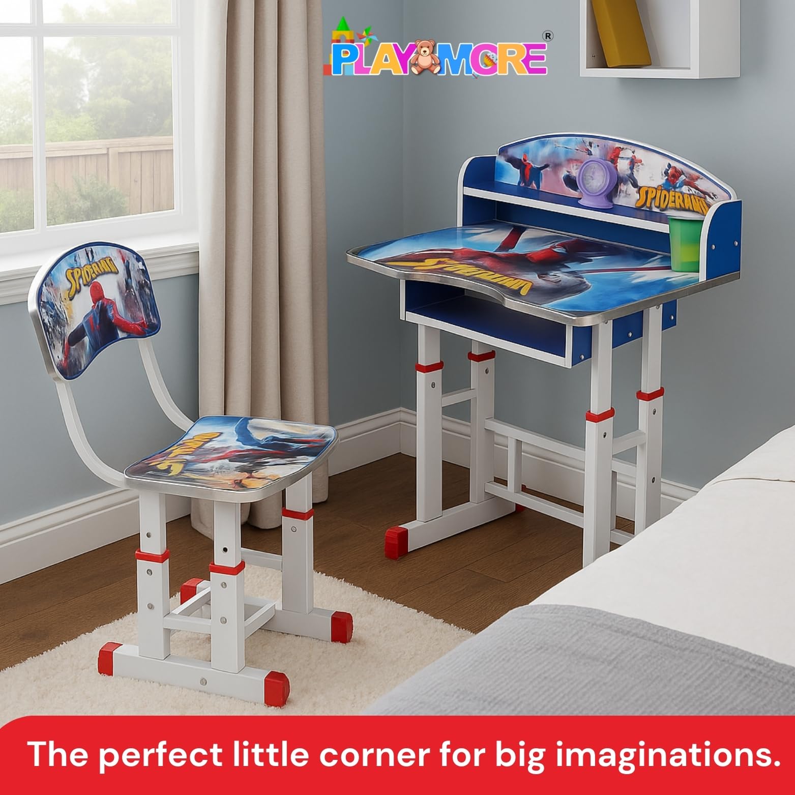 PLAYMORE Kids School Study Table & Chair Set | Adjustable Height Study Desk with Storage, Wooden Top & Metal Frame, Functional ` Desk and Table Set Furniture for Boys Girls 4-12 Years (Blue) 3