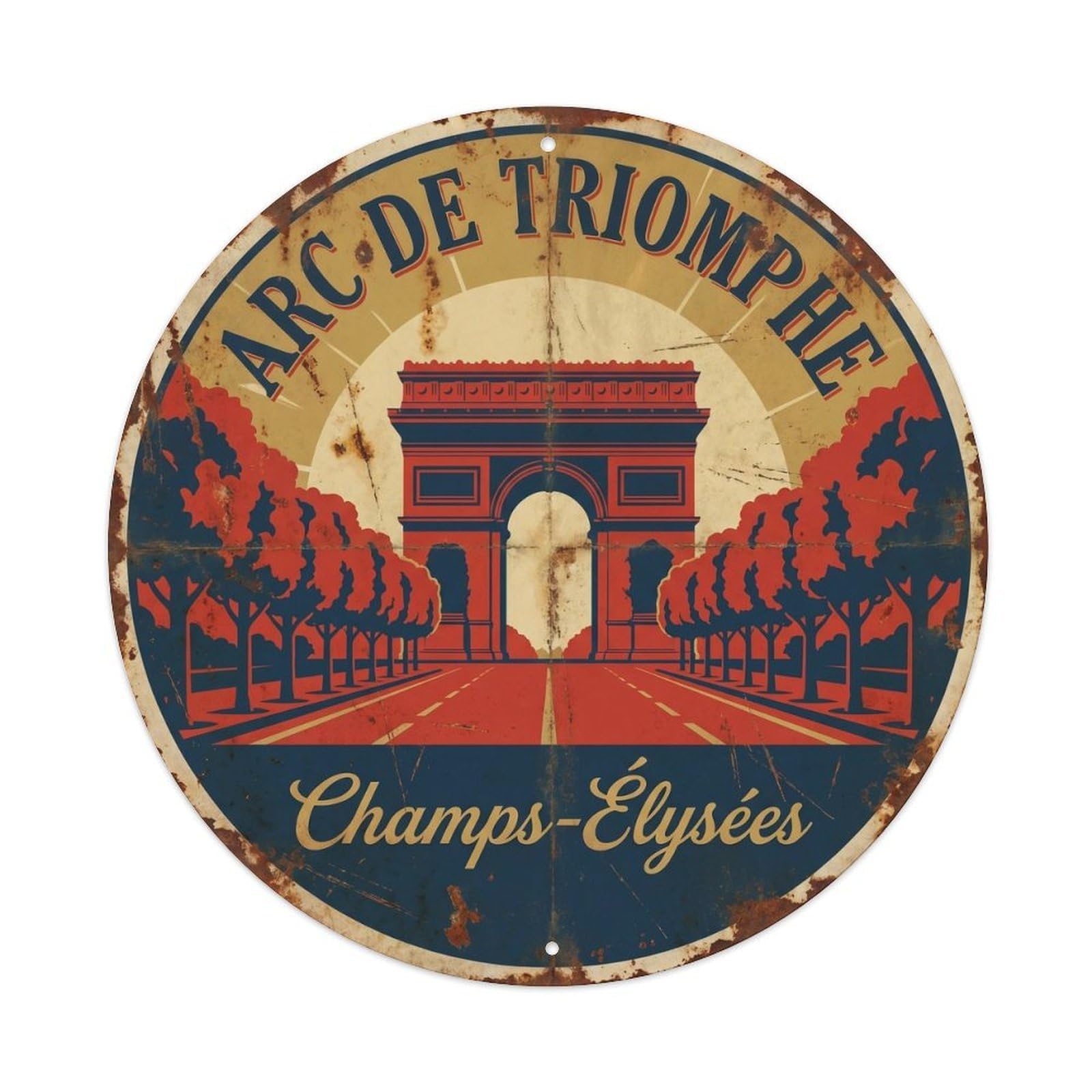 Vintage Travel Arc Triomphe Paris 2 Metal Tin Sign Plaque Wall Decor for Cafe, Club, Garden Round Metal Poster 8x8Inch