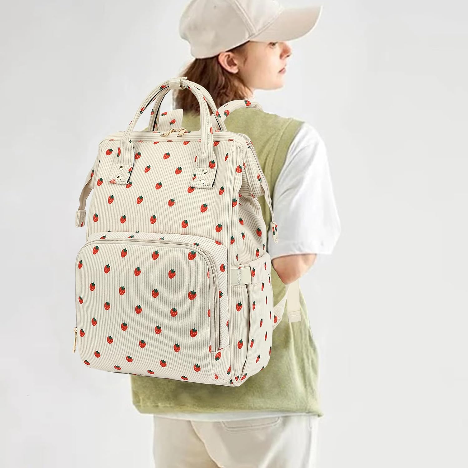 College Laptop Backpack, Travel Backpack for Women, Corduroy Casual Daypack, School Backpack Bookbag for Girls (Beige Corduroy Strawberry)