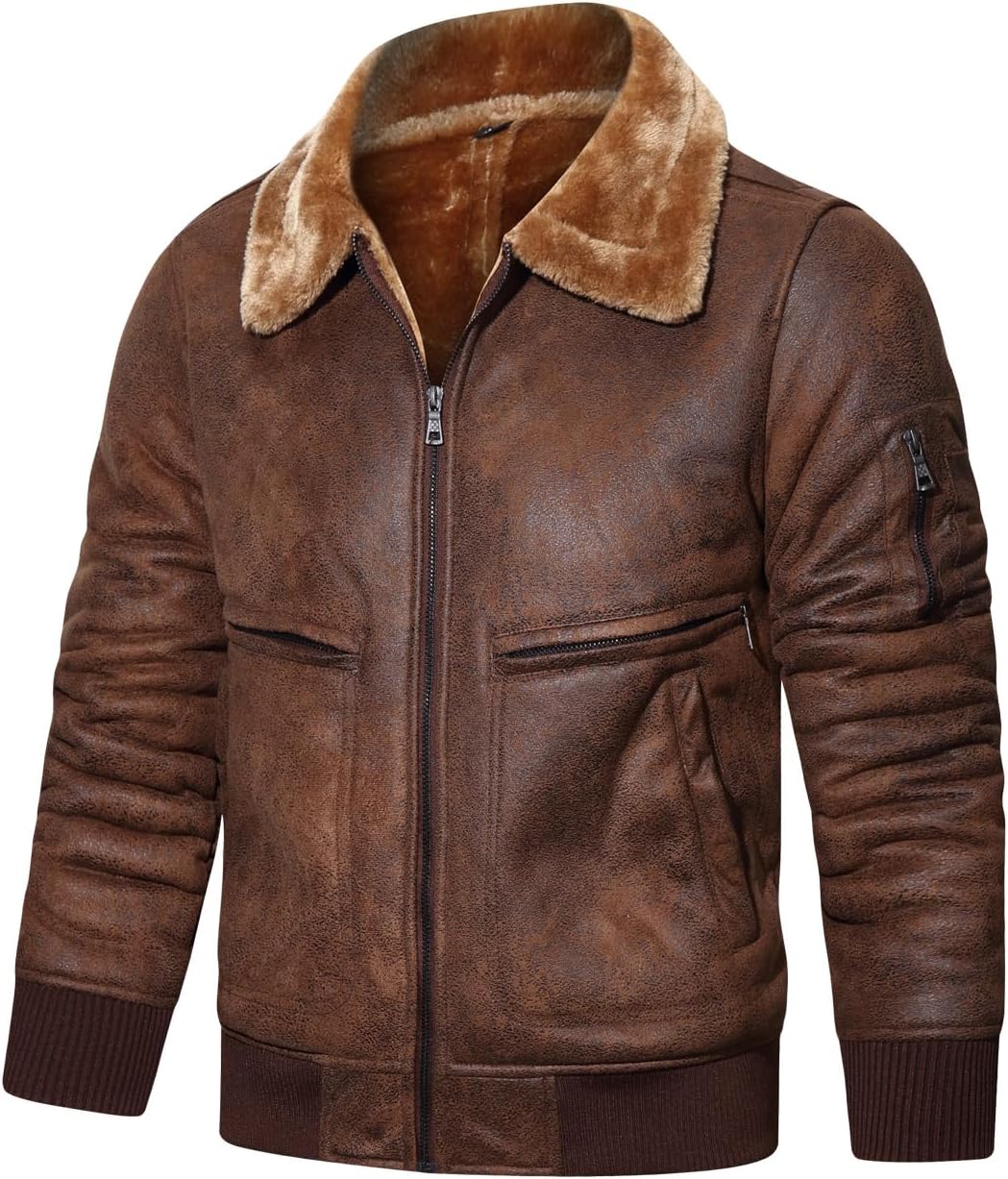 HOOD CREW Men’s Faux Fur Leather Jacket Autumn Winter Fleece Lined Coat Vintage Bomber Jacket - Image 2