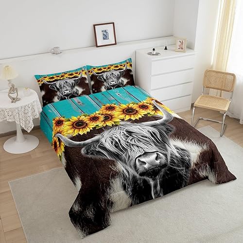 Miniatura 3 de Juego de ropa de cama de vaca de las Highland, edredón con estampado de piel de vaca marrón para niños y niñas, edredón de girasoles en 3D,