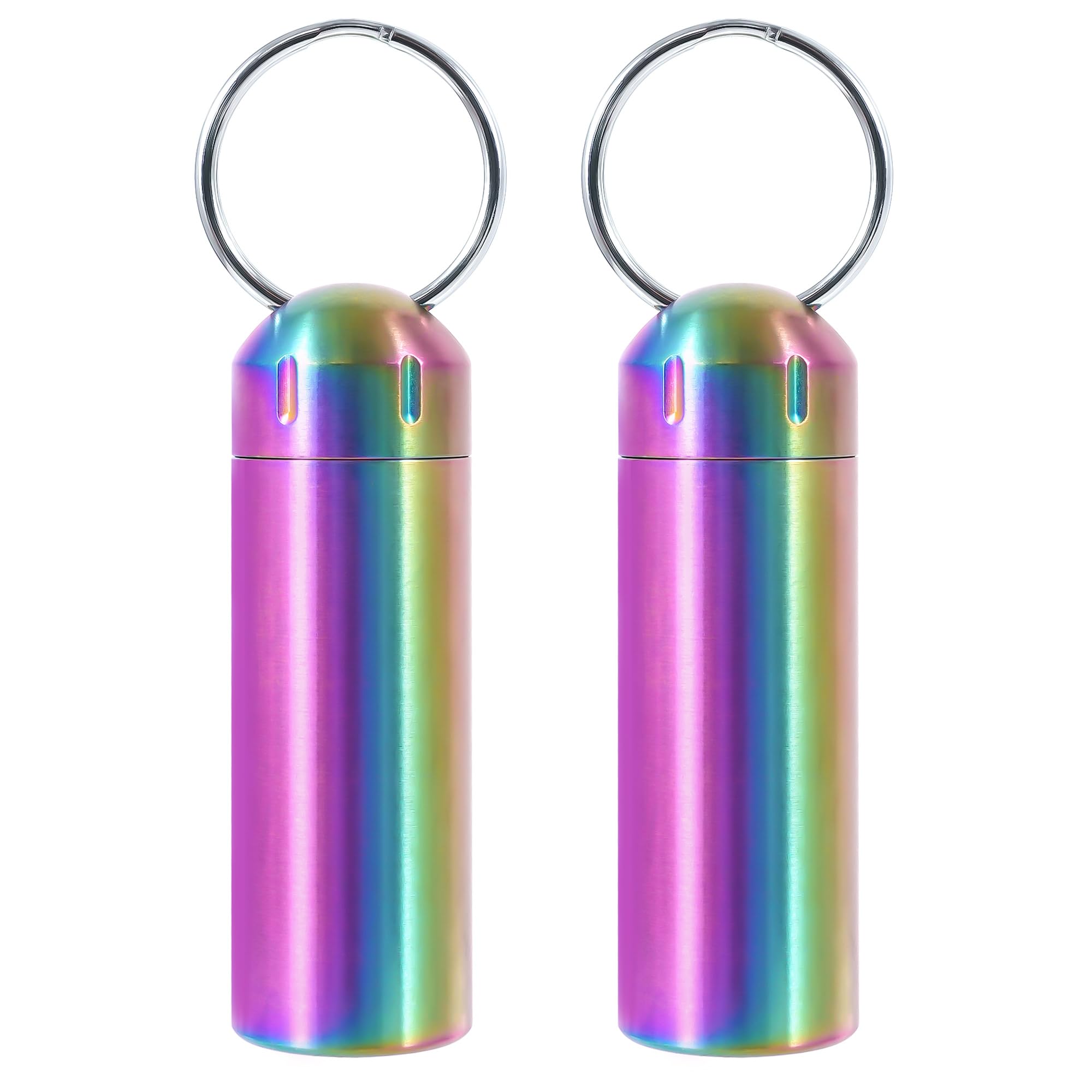 VTAR Llavero pastillero de acero inoxidable, paquete de 2 pastilleros de metal de emergencia | Pastillero impermeable para nitro, vitaminas, auriculares, Twist Top, mini para viajes, EDC, al aire libre, color arcoíris