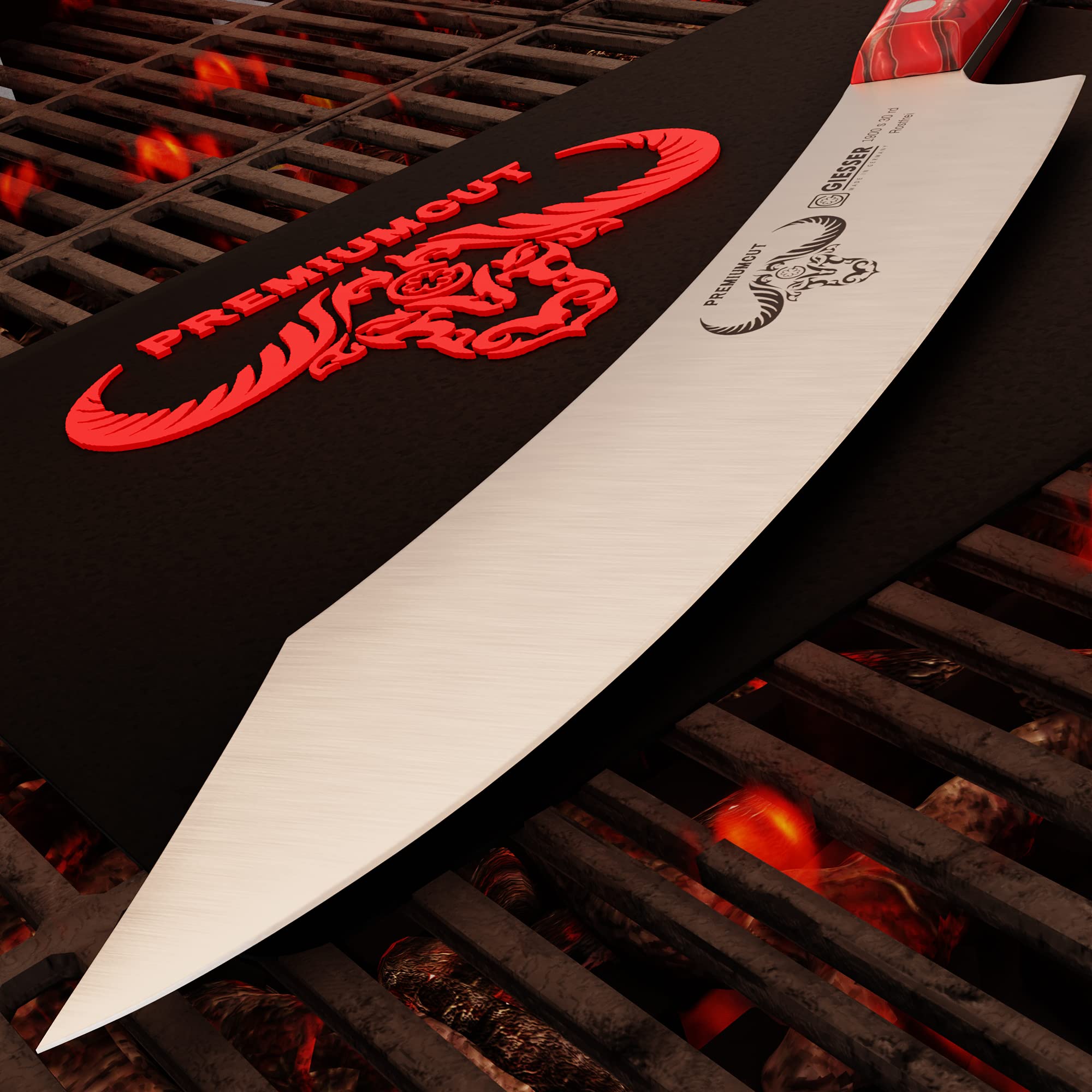 Giesser depuis 1776 - fabriqué en Allemagne - couteau de chef 30 cm Red Diamond, PremiumCut Barbecue No 1, couteau de cuisine, acrylique, rouge, inoxydable, couteau à griller allemand tranchant