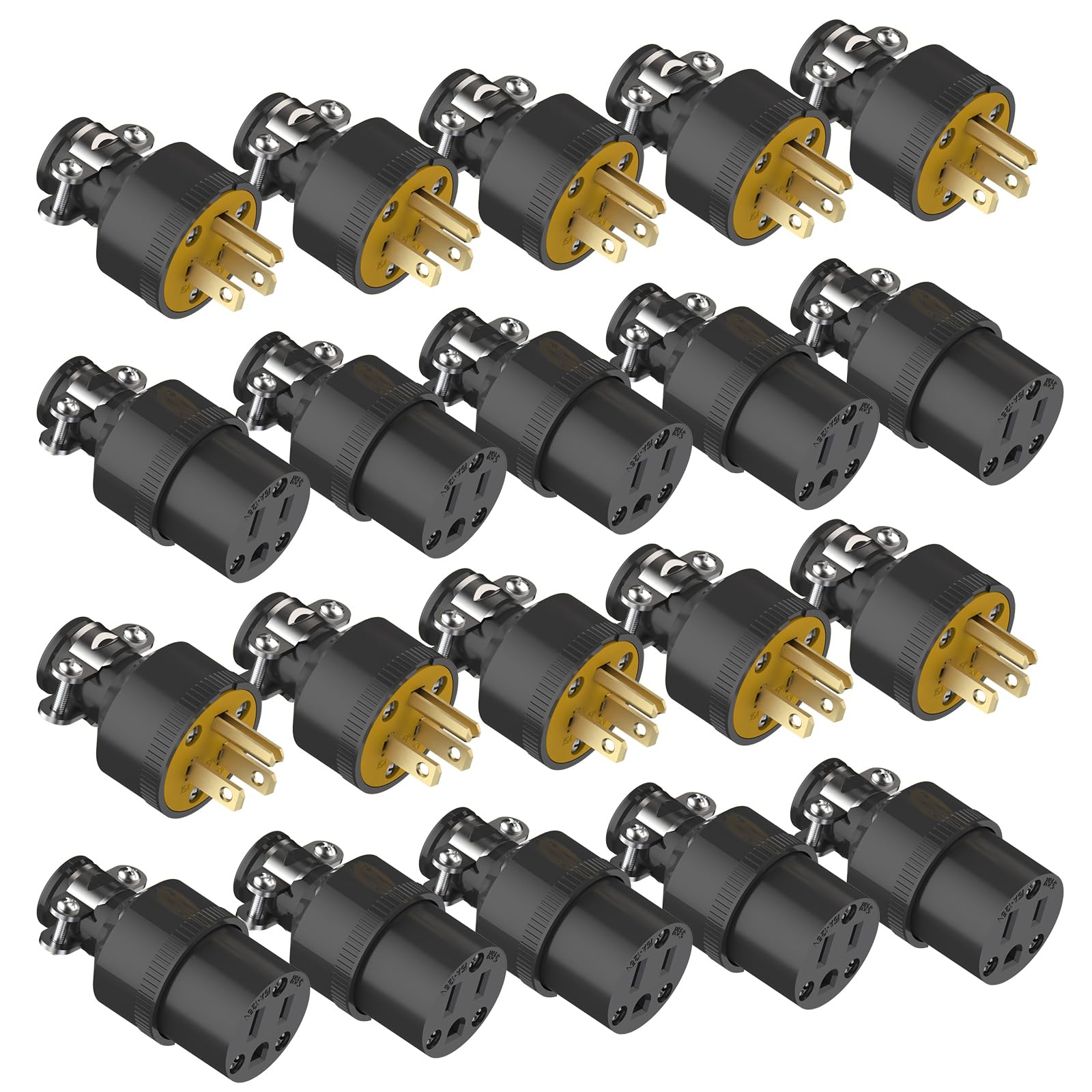 ThunderWay Lot de 10 fiches et connecteurs électriques de rechange pour rallonges mâles et femelles, 15 A 125 V, type de mise à la terre, NEMA 5-15P et 5-15R, 3 broches, noir