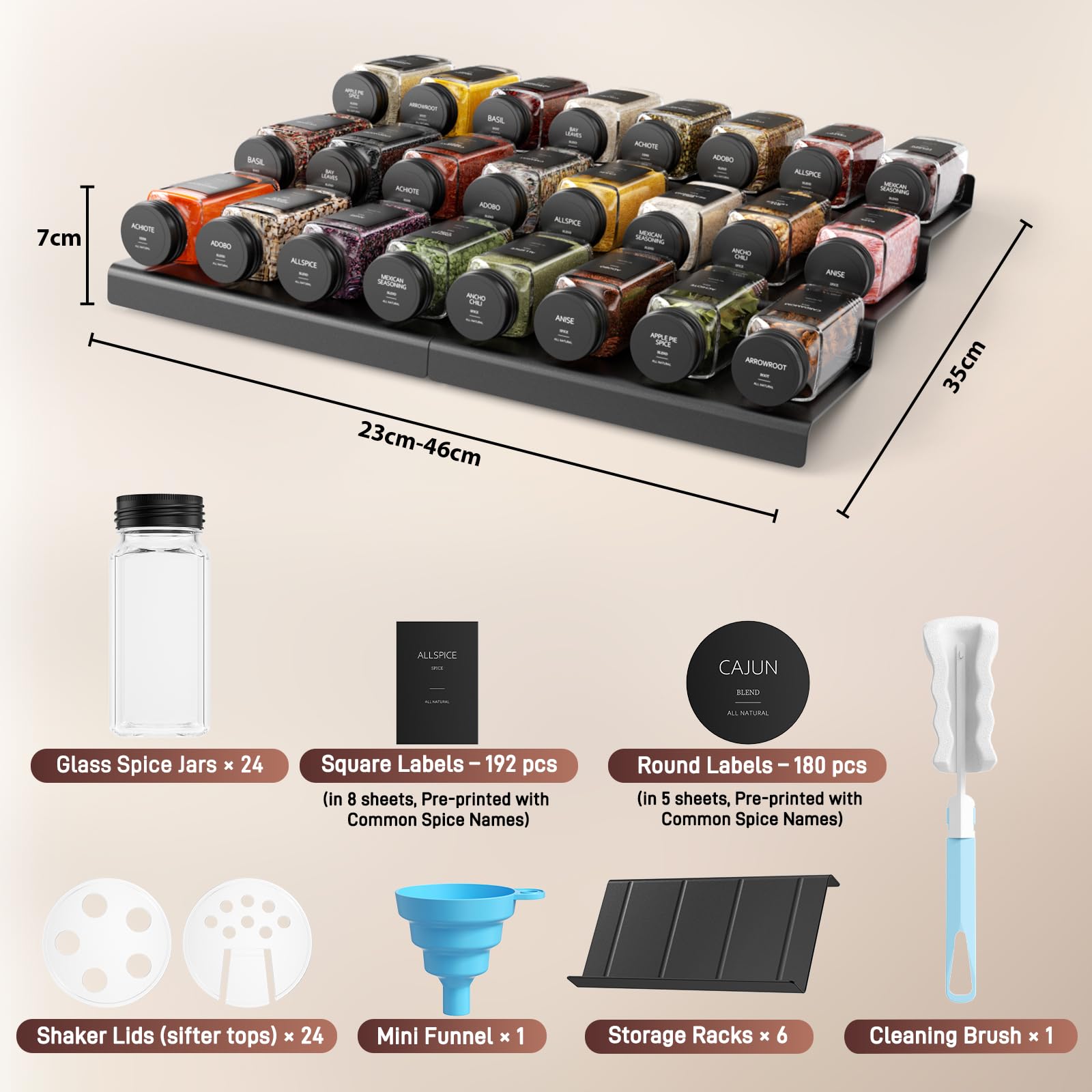 Rangement Epices Tiroir, 24 pièces A Epices De 120 Ml, Organisateur Porte Épices pour Tiroirs De 30 À 60 cm de Cuisine, Couvercle À Tamis, Étiquette, Entonnoir Et Brosse De Nettoyage, Forte Étanchéité