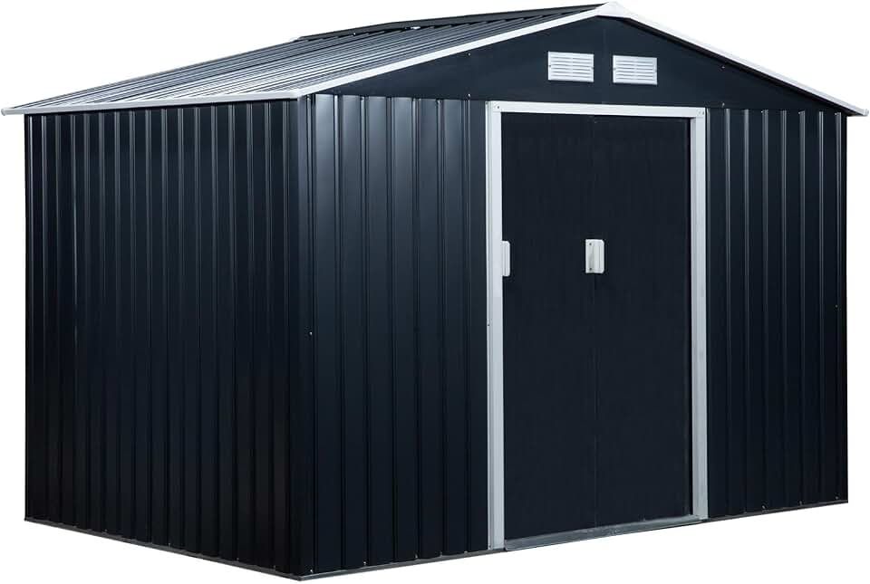 9'x6' Professional-Grade Storage Shed - Dark Gray, Corrosion-Defying Galvanized Steel, 2 Sliding Doors, 4 Optimized Vents, Integrated Foundation Support