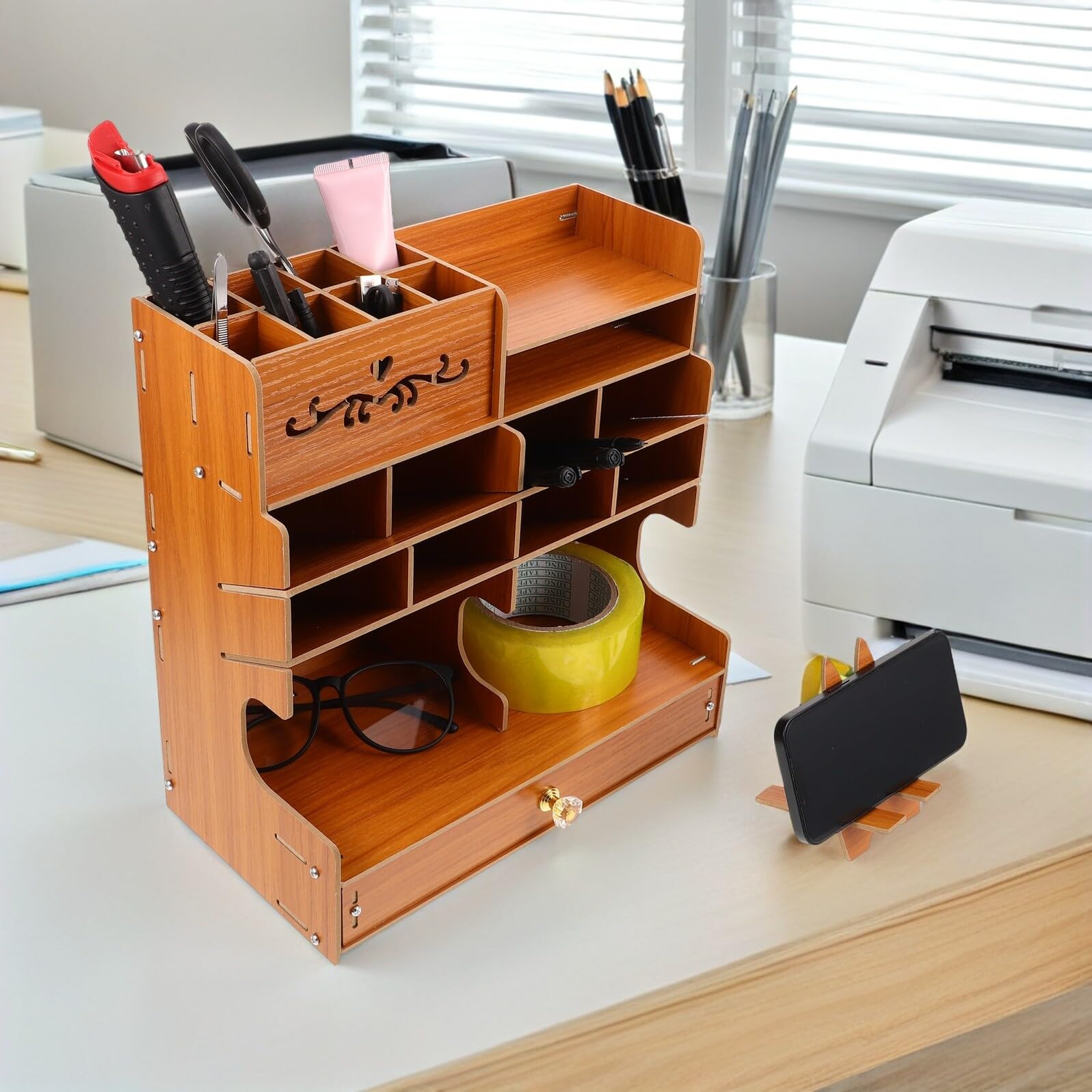 Cabilock Organizer Porta Penne in Legno con Scomparti Multipli Scatola Portaoggetti da Scrivania per Penne Matite e Accessori Grande Capacità per Ufficio e Casa Elegante