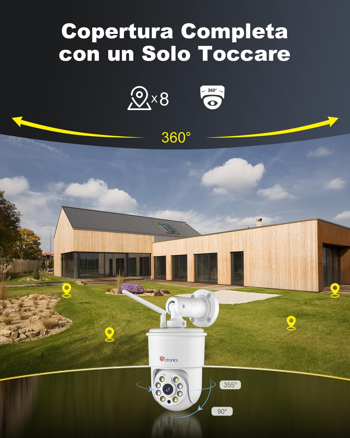 Ctronics 4K 8MP Telecamera da Esterno WiFi, Auto-tracking, Rilevamento Persone/Veicoli/Animali, Allarme sonoro e luminoso, 2,4/5GHz, Visione a Colori, Archiviazione 256GB TF/Cloud【Metallo Pieno】