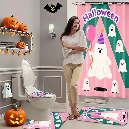 Miniatura 4 de Juego de 4 cortinas de ducha de Halloween, juego de baño de Halloween con cortina de ducha y alfombras, cubierta de tapa de inodoro, cortina de