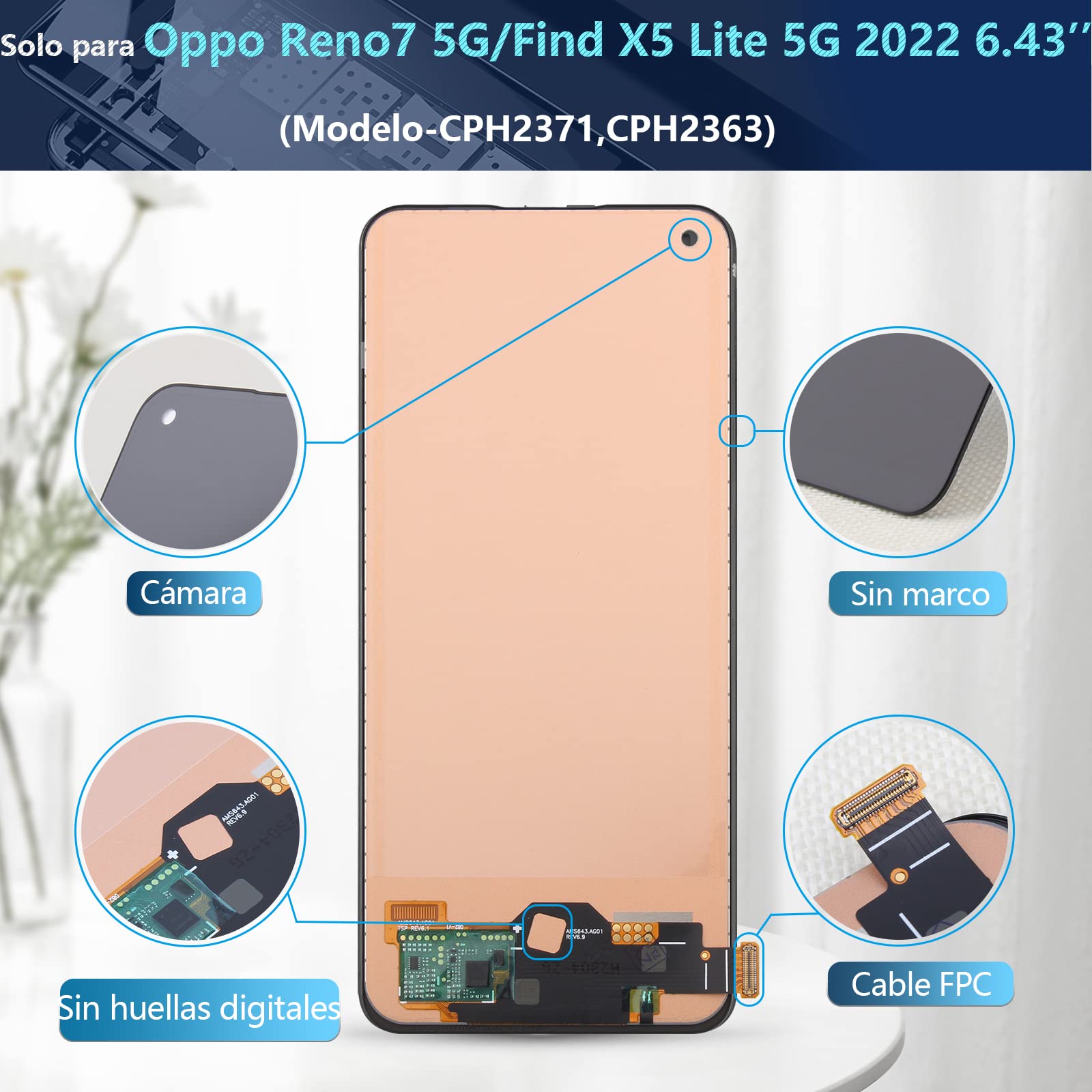 RongZy Pantalla para Oppo Reno7 5G CPH2371 CPH2363/Find X5 Lite 5G 2022 incell Pantalla Táctil LCD Kit de Pantalla de Repuesto Ensamblaje Digitalizador de Reemplazo con Herramientas(Negro)