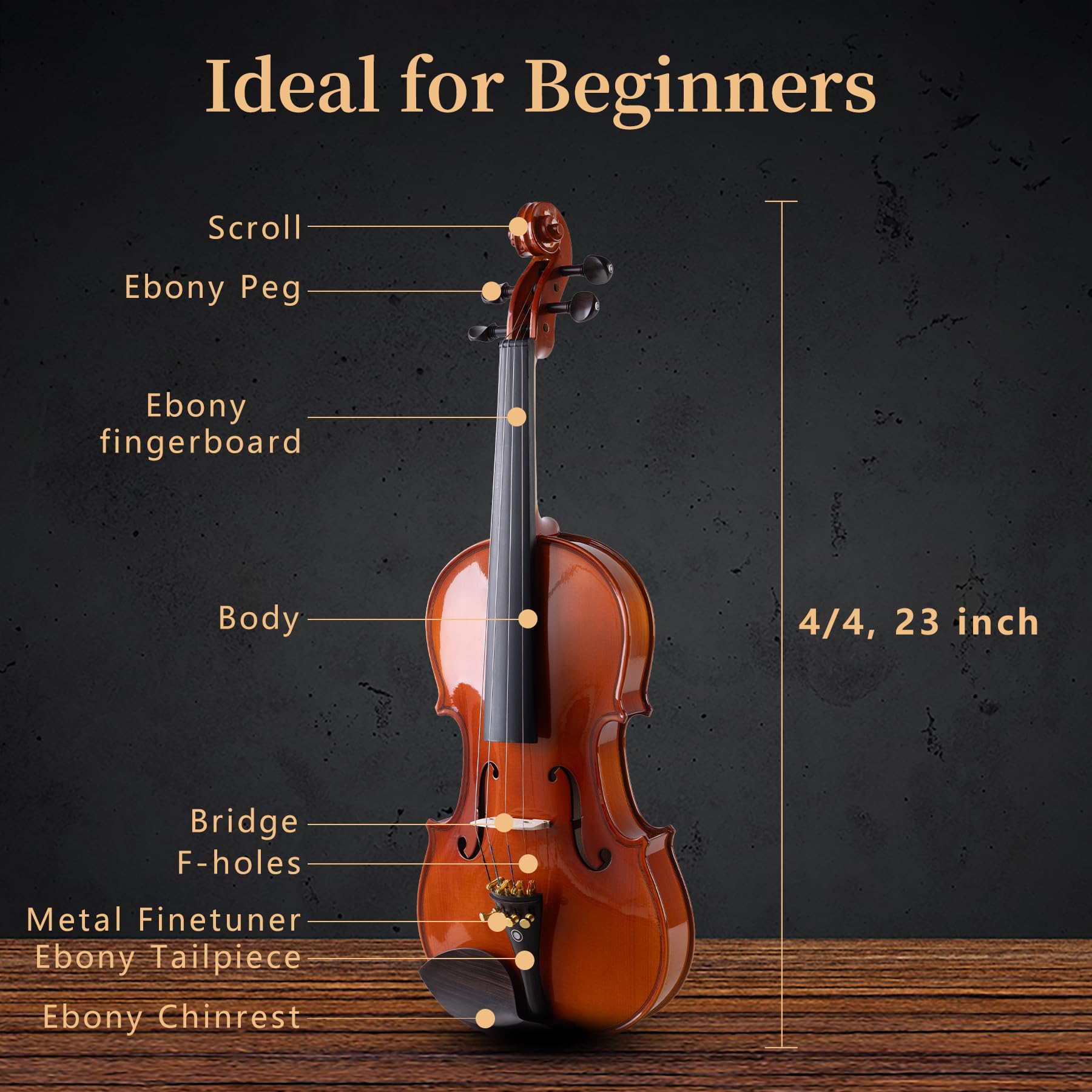 Juego completo de violín 4/4, violín principiante para adultos, niños, estudiantes, violín 4/4 con abeto, accesorios de arce y ébano, violín de tamaño completo con 13 piezas para principiantes a