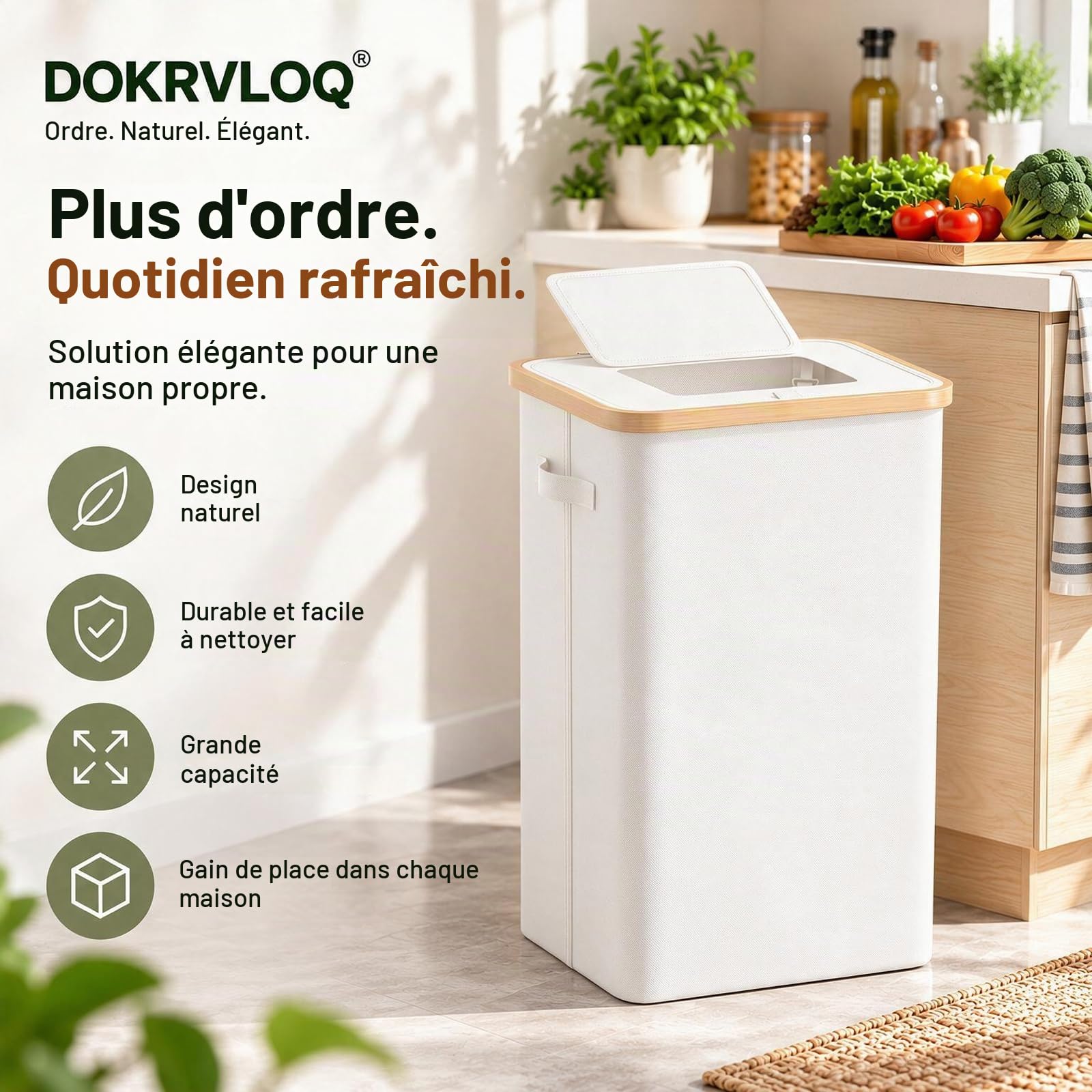 Support pour sac poubelle jaune stable avec couvercle – Grande poubelle rectangulaire de 100 litres blanche – Idéale pour la cuisine, les déchets généraux et recyclables