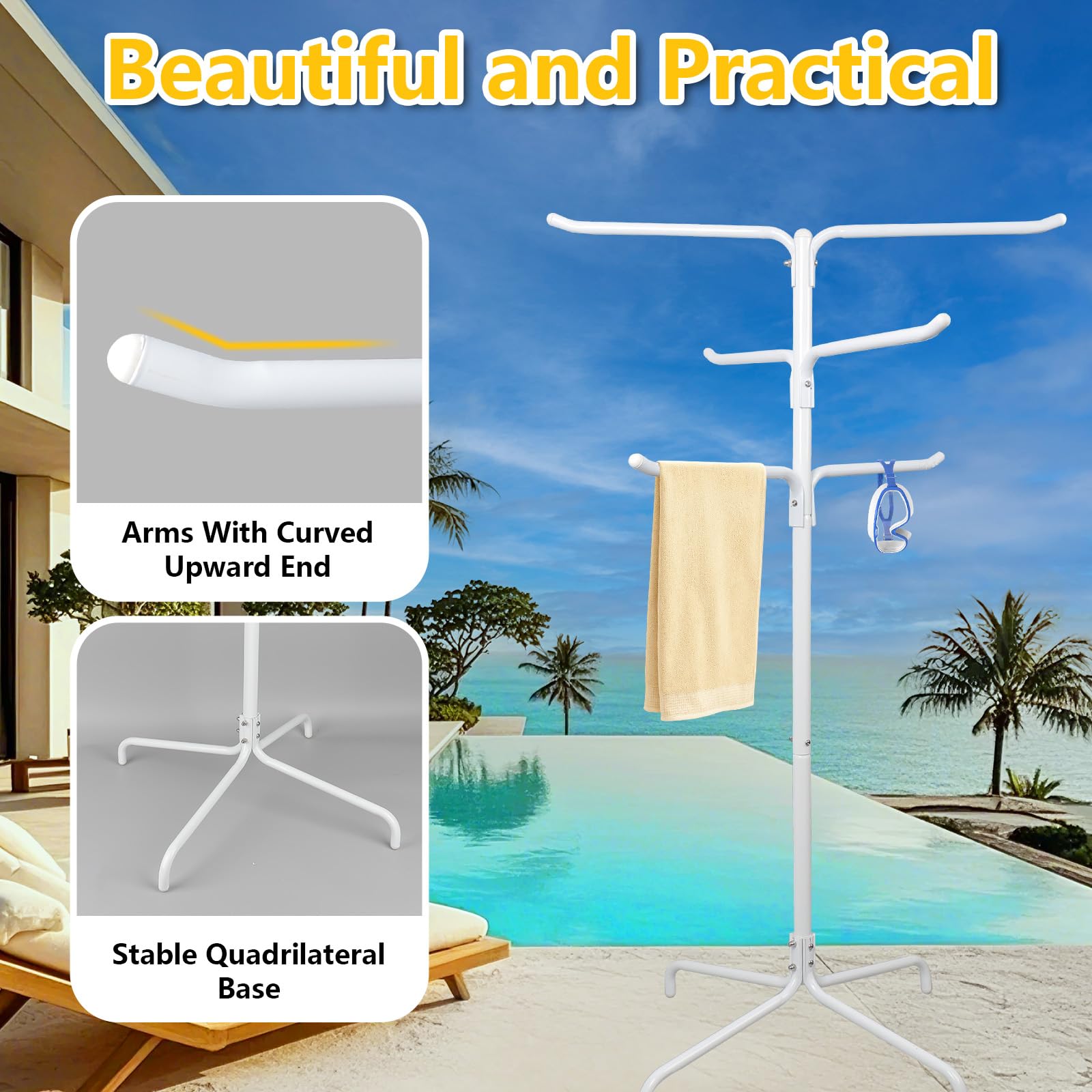 Toallero de piscina al aire libre, 6 barras de columna, toallero de pie, soporte ajustable para toallas de piscina y patio con base pesada (blanco