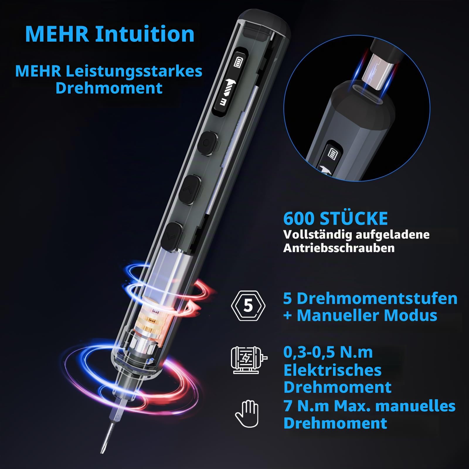 STREBITO Präzisions-elektrischer Schraubendreherset,70-Teiliges Set electric screwdriver,5 Drehmomentstufen digitale anzeige, 64 Magnetische Bits, Mini-Elektroschraubendreher für PC, RC-Elektronik