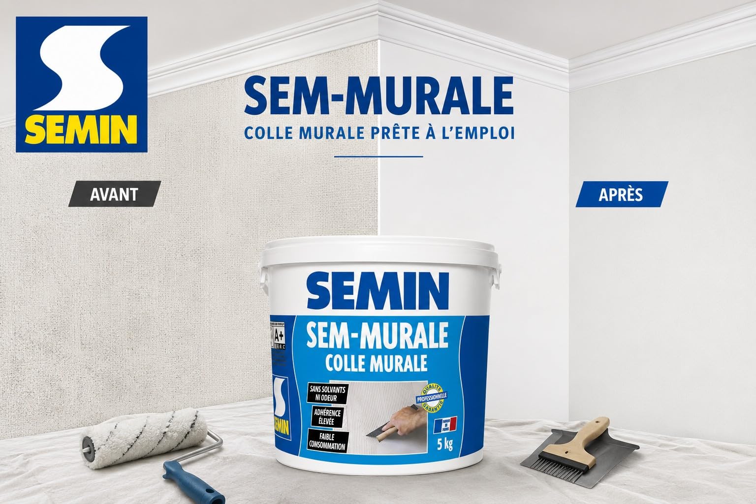 SEMIN Sem-Murale – Colle Toile de Verre & Revêtements Muraux Légers – Prête à l’Emploi – Forte Adhérence – Intérieur Murs & Plafonds – Sans Odeur – 3 seaux de 5 kg