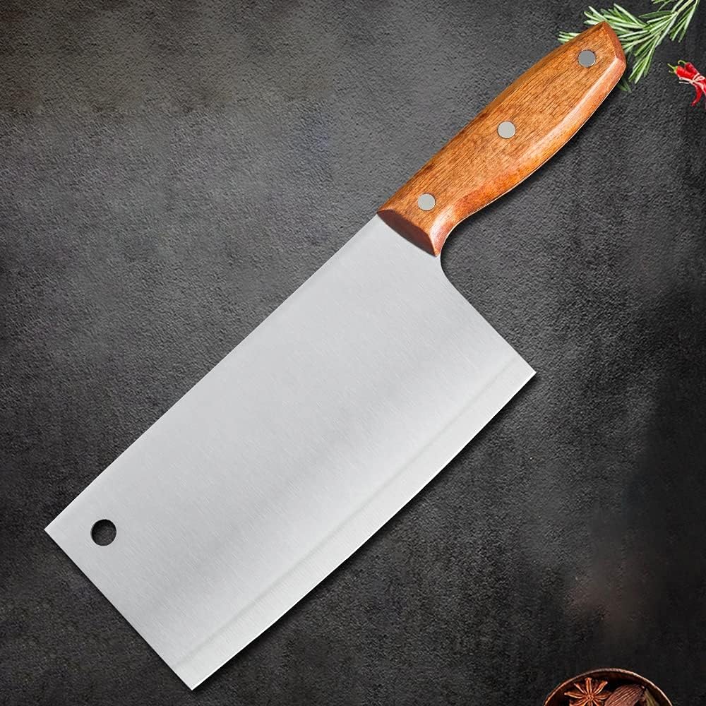 Meat Cleaver, Stainless Steel Chinese Style Cleaver Knife 8'' inch Sharp Blade Wood Handle Kitchen Chopping Meat Bone Fruit Tools