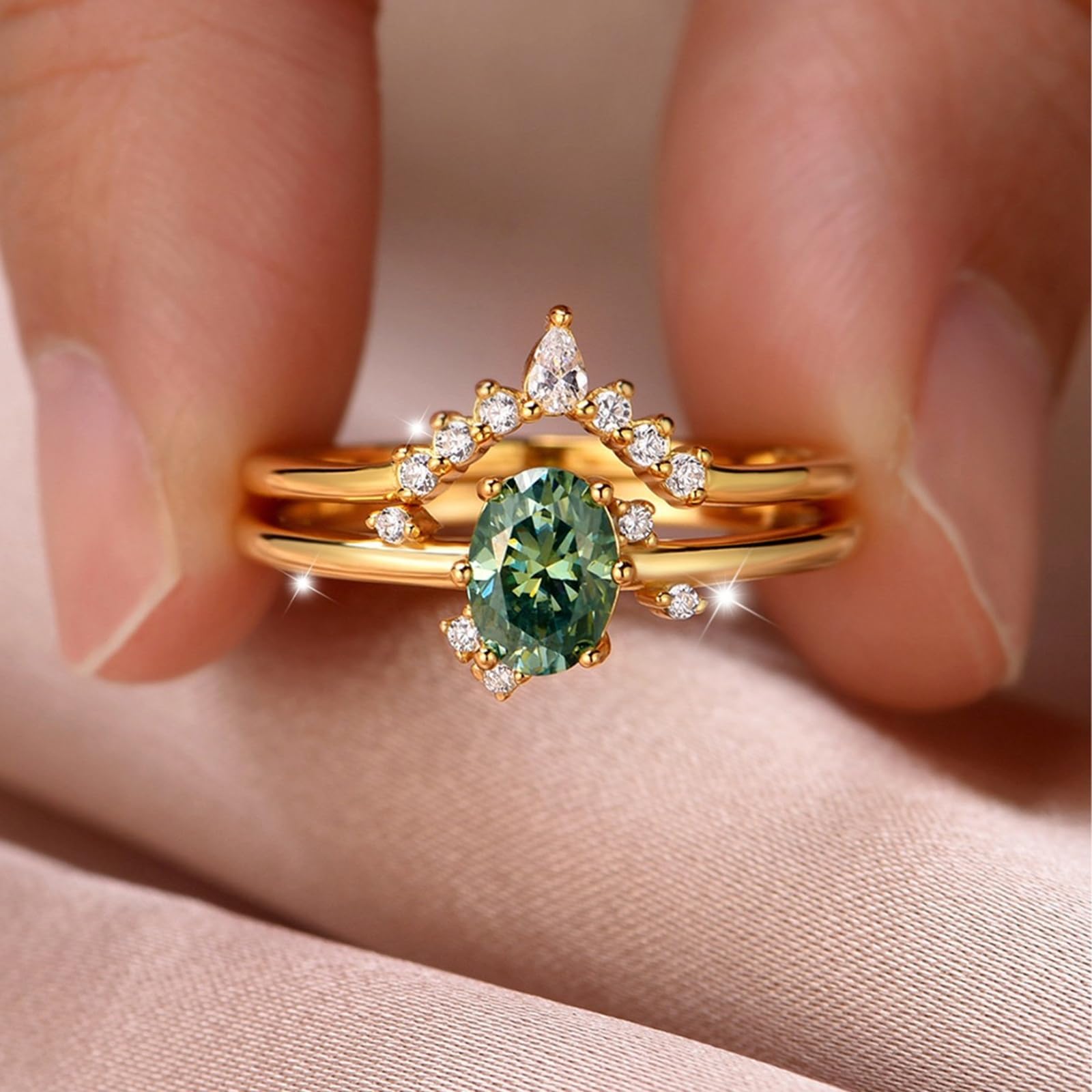 Set di anelli da donna in oro giallo 18 carati, in vero oro, moissanite verde, impilabile, anello a doppia fascia personalizzato