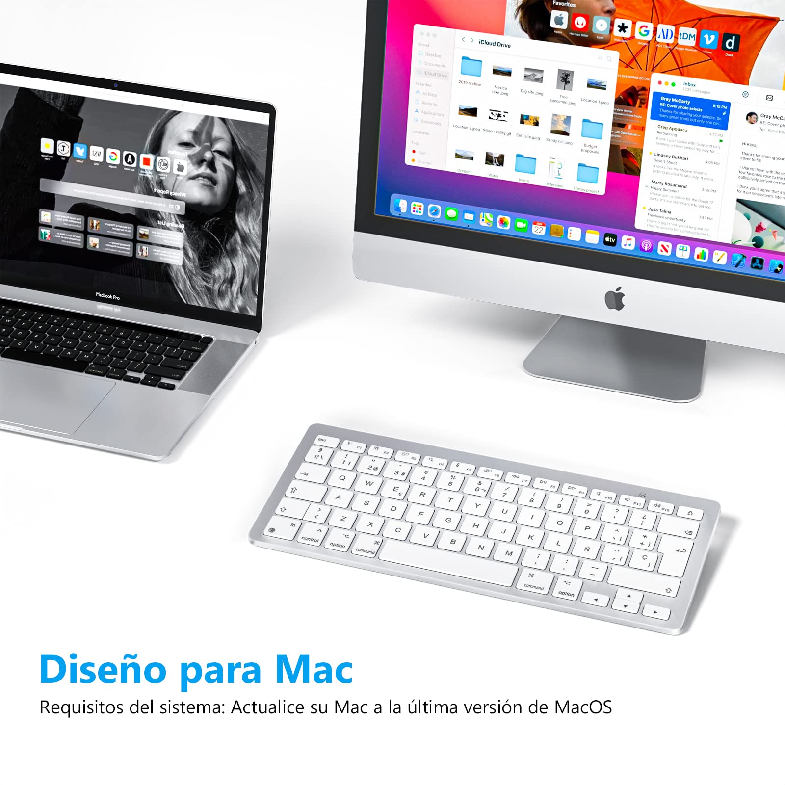 OMOTON Teclado Bluetooth para Mac Teclado inalámbrico para Apple MacBook Pro 13 14 16/ Air/Mini, iMac, iMac Pro, Mini, QWERTY Español Layout, 2*AAA Battery, Diseño específico para Mac, Plata