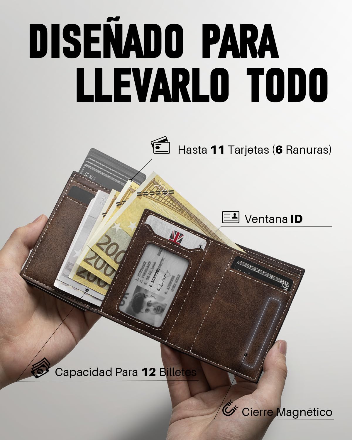 Cartera Pop Up para Hombre con Monedero, Cartera Trifold con Ventana para ID, Tarjetero Inteligente con Bloqueo RFID y 6 Ranuras para hasta 11 Tarjetas (Marrón)
