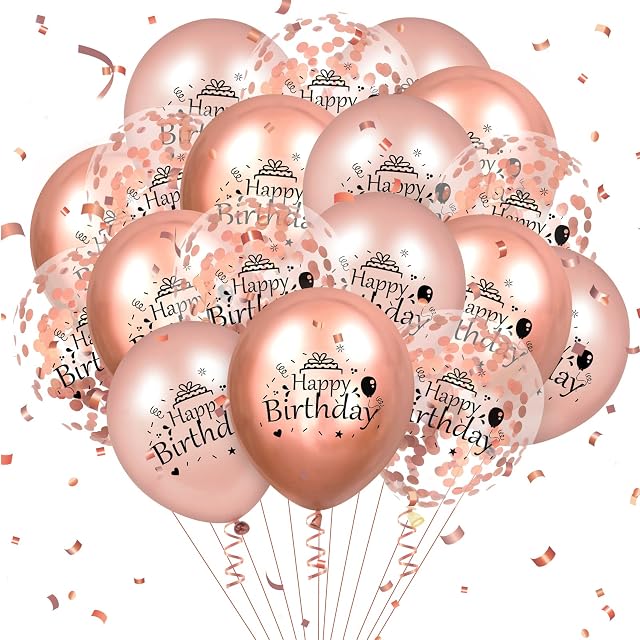 Rose Gold Happy Birthday Balloons 18 Pcs Rose Gold Happy Birthday Latex Balloons Confetti Balloons Rose Gold Party Decorations for Women Men Birthday Anniversary Party Decor Supplies 12 inch