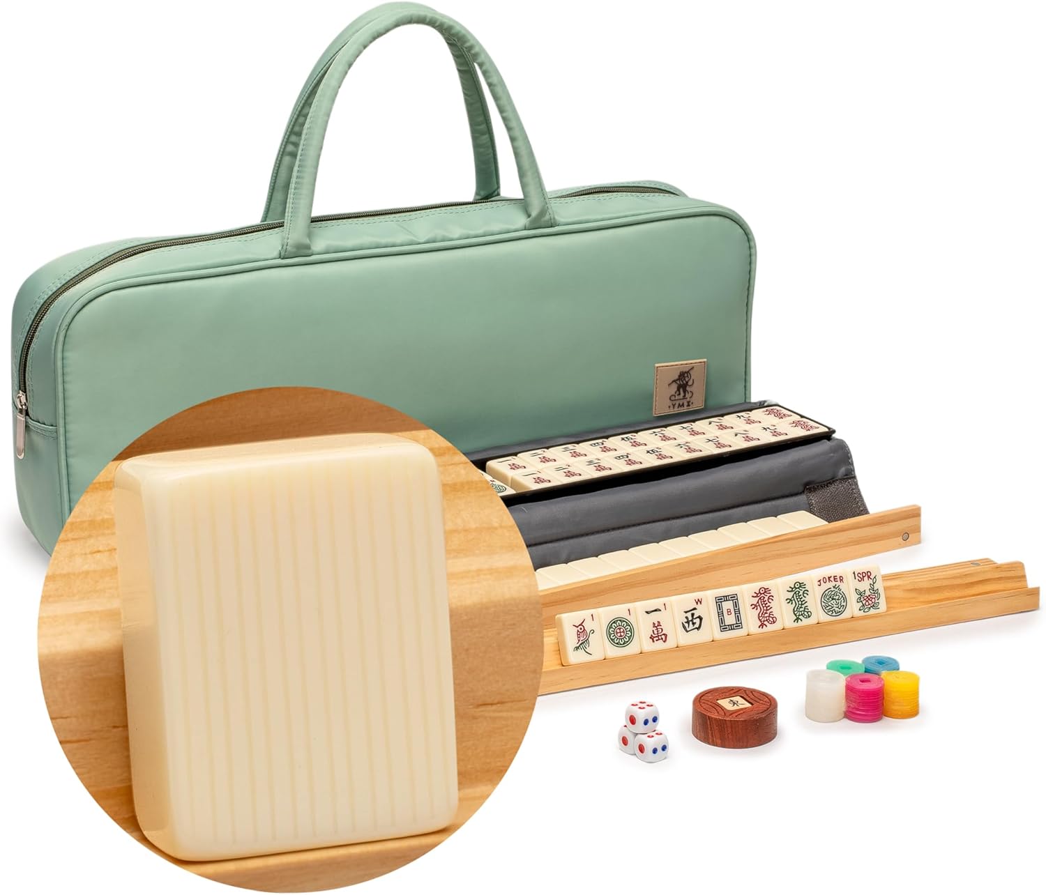 Yellow Mountain Imports American Mahjong Set, “Ivory Ridge” - 166 Tiles with Mint Green Fabric Case, Wooden Racks with Pushers, Scoring Coins, Dice, & Wind Indicator