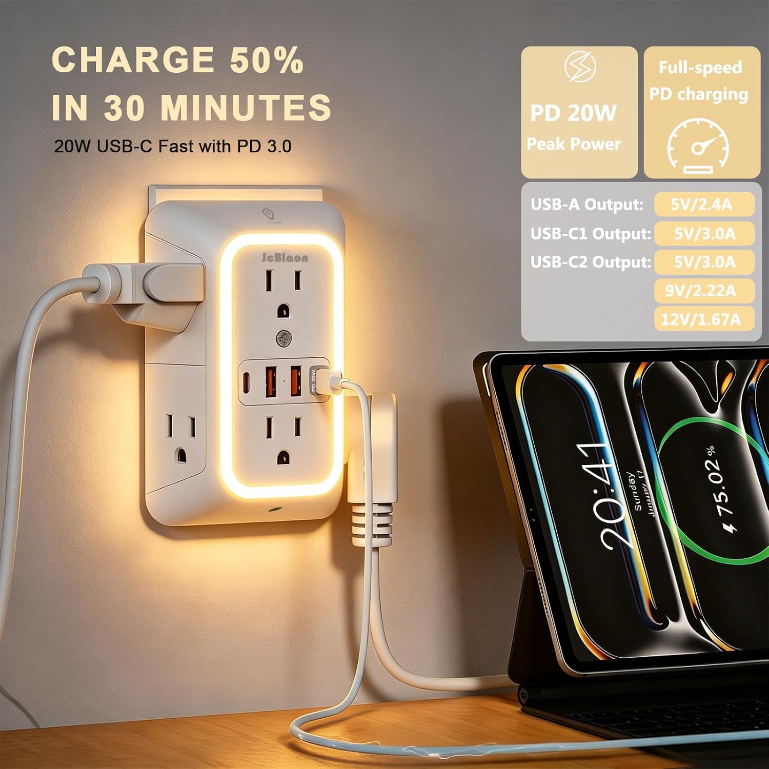 Surge Protector Outlet Extender, 6 Outlet Splitter and 4 USB Ports (2 USB C) with Night Light, 3 Sided Multi Plug Wall Adapter Power Strip for Home Travel Office-ETL