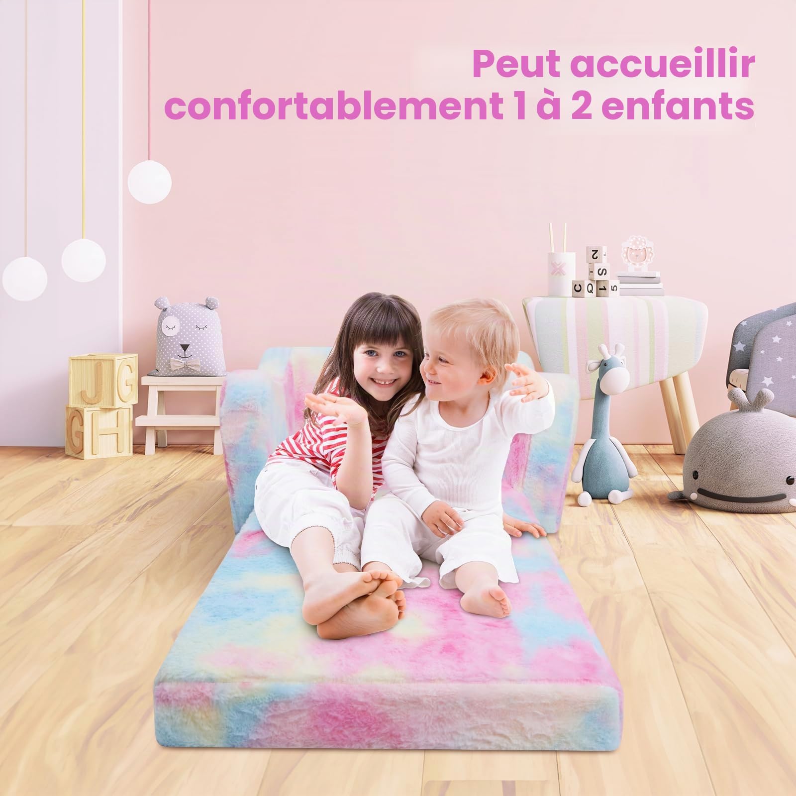 Canapé Pliant pour Enfants avec Oreiller en Forme d'étoile Canapé-Lit Convertible 2 en 1,Fauteuil Stable pour Fille Bébés avec Poche, Canapé Chaise Confortable pour Chambre à Coucher Salon,Rose