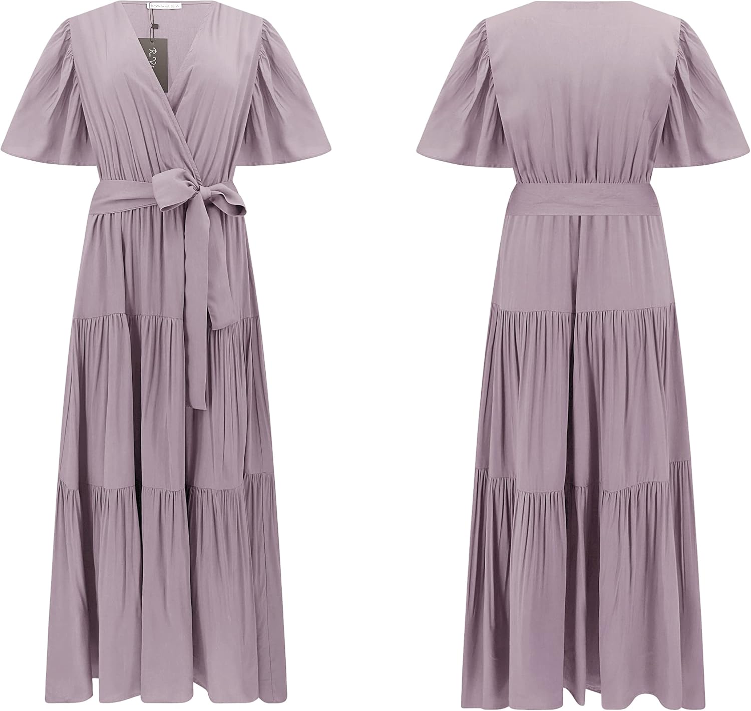R.Vivimos Summer Dress for Women Cotton Ruffle Short Sleeves V Neck Casual Flowy Midi Dress with Belt