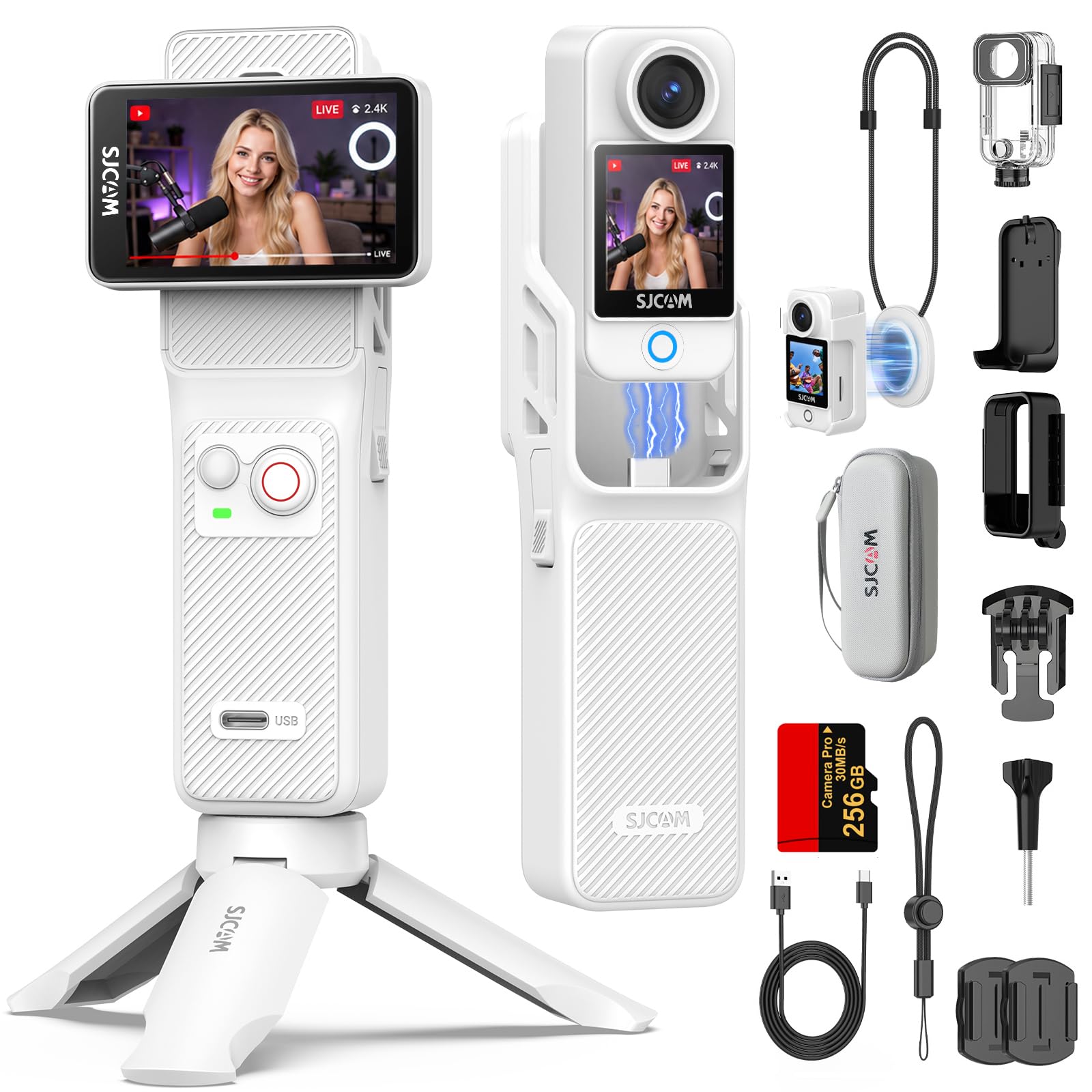 SJCAM C400 Bundle Vlog(256Go),Camera Vlog 4K avec 7H d'Autonomie | Écran Tactile Rotatif 2.29",Imperméable,Stabilisation 6 Axes,Caméra d'action pour Youtube,Vlog,Voyages,Activités,Blanc