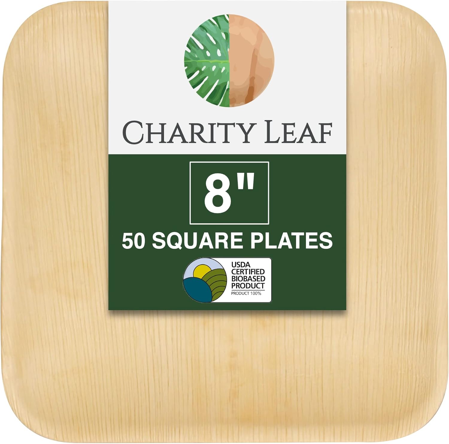 Charity Leaf 8" Square Palm Leaf Plates (50-pack) | Eco-friendly, Heavy Duty | For Parties, Weddings, BBQs & Catering