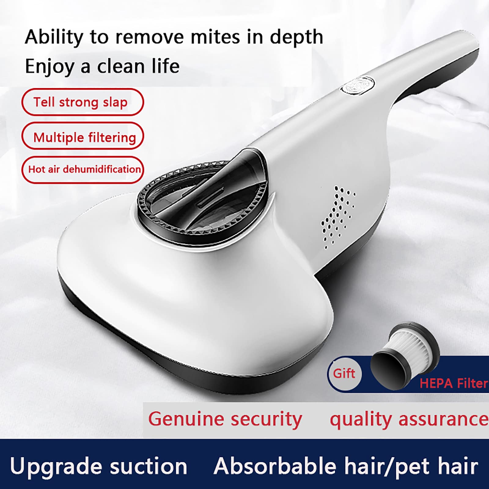 Máquina de eliminación de ácaros de mano con 2 filtros, aspiradora de esterilización de cama de 12 KPa - 3 salidas de aire/deshumidificación de aire caliente de 50 ℃, para colchones, almohadas, tela