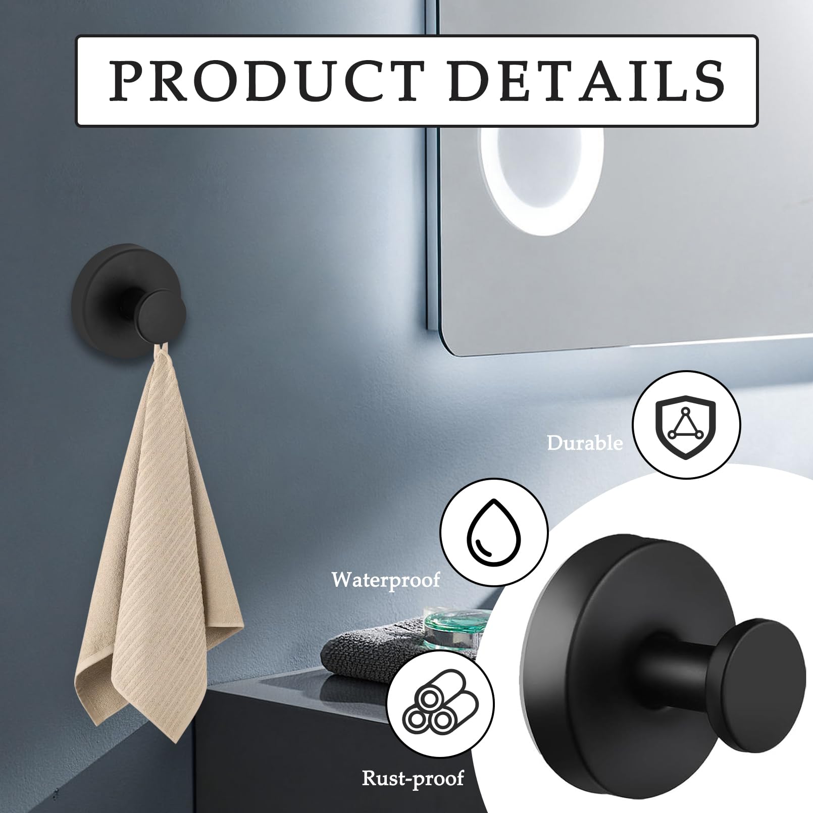 Crochet Ventouse Pour Salle De Bain TAILI - 2 Pièces, Acier Inoxydable 304, Support Jusqu'à 5 Kg, Installation Sans Perçage - Noir, Type Carré - 3