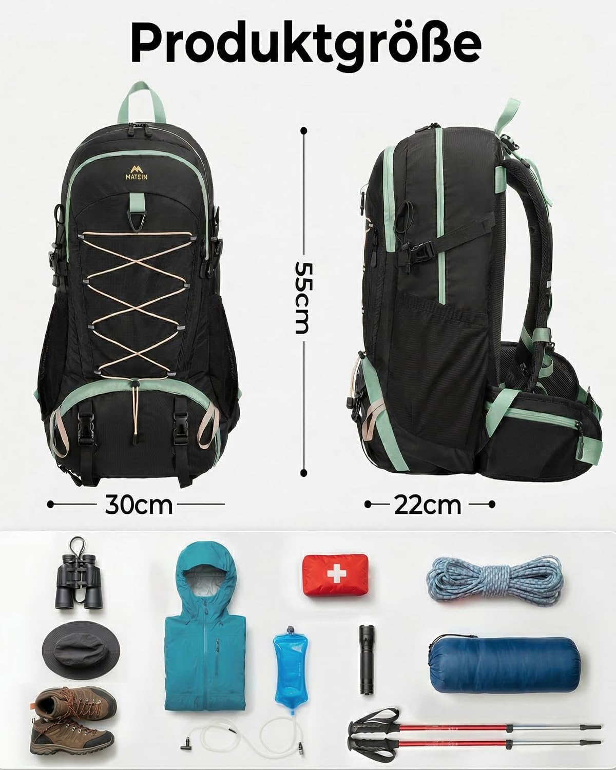 MATEIN Wanderrucksack Herren Damen, Wanderrucksack 40L mit Schuhfach & Hüftgürtel, Trekkingrucksack mit Regenschutz, Rucksack wandern Herren Leichtgewicht für Wandern, Outdoor, Hiking, Reise, Schwarz