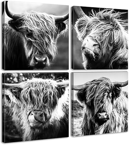DJSYLIFE Highland Cow Wall Art Farmhouse Decor Canvas Printed Black and White Cow Pictures Wall Decor Modern Western Rustic Artwork Decorations for