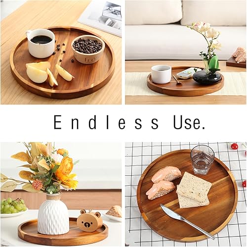 Miniatura 3 de Bandeja de madera para servir, bandejas redondas de madera de acacia premium, bandejas versátiles para café, té, decoración, otomana, bandeja