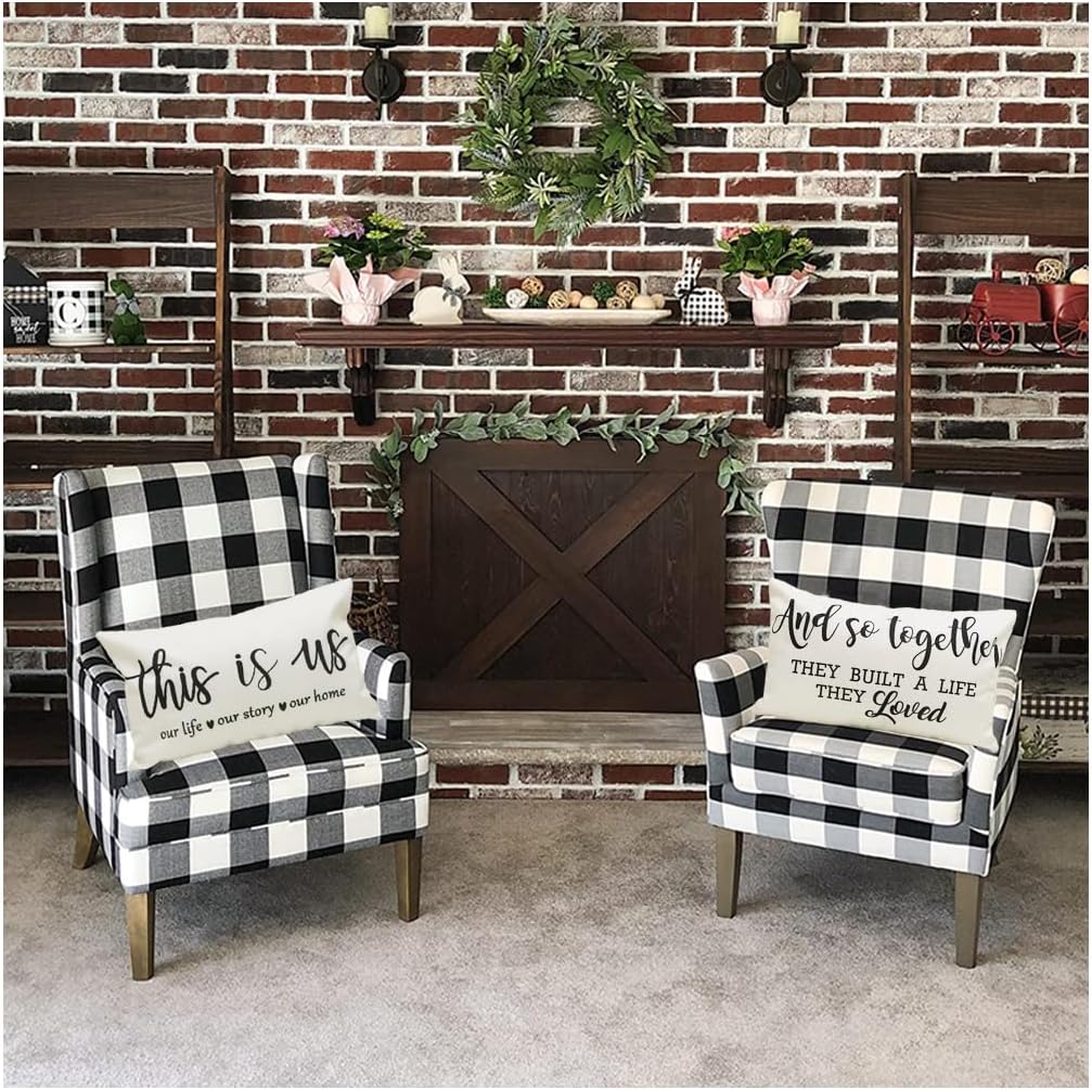 Set of 4 Farmhouse Pillow Covers 12x20 Thankful Grateful Blessed Family Lumbar Pillow Cover Quote This is Us Together Loved Rustic Throw Pillow Case for Couch Sofa Bed Porch Guest Room Decor