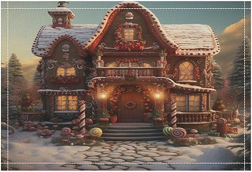 Miniatura 5 de Juego de 4 manteles individuales de comedor, con texto en inglés "Merry Christmas" con diseño de pan de jengibre, manteles individuales a prueba de