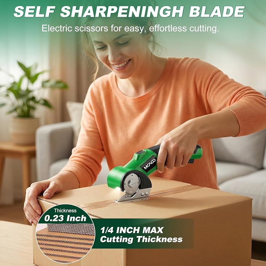 Cardboard Cutter, Rechargeable Cordless Electric Scissors, Upgrade 4V Electric Box Cutter with 2 Blades, Safety Lock & LED Light, Powerful Cutting for Cardboard Box, Plastic, Leather, Fabric - image 2