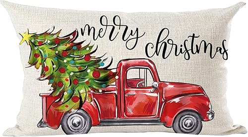 Ramirar Funda de almohada lumbar decorativa para árbol de Navidad color rojo para el hogar sala de estar cama sofá automóvil algodón lino