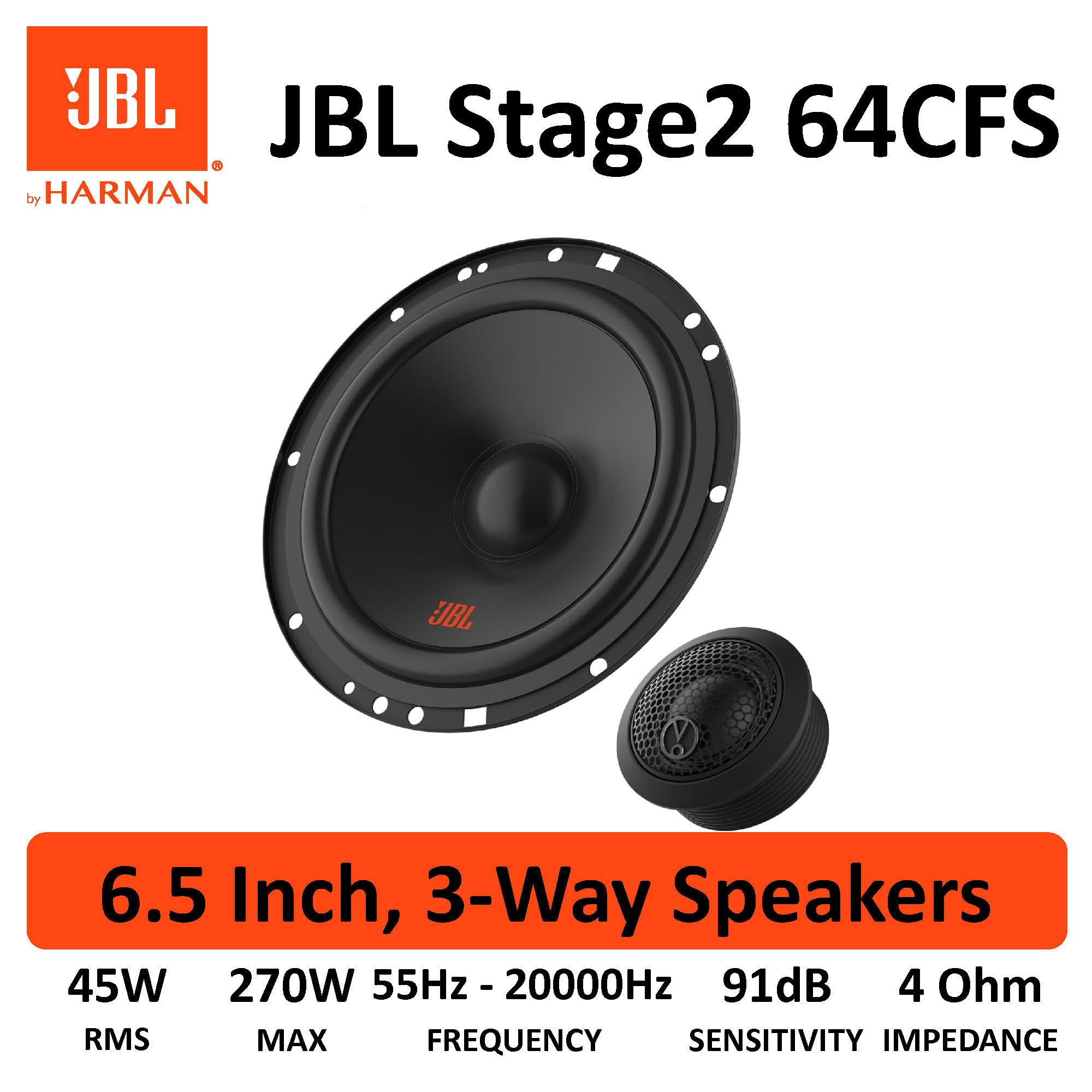 JBL Stage2 64CFS Gen2 2-Wege Komponentensystem 6,5 Zoll 45 W RMS, 270 W Peak, 4 Ω, 91 dB, Plus One™ Polypropylen-Woofer, PEI-Hochtöner, Slim-Design, Externe Frequenzweiche, einfache Installation