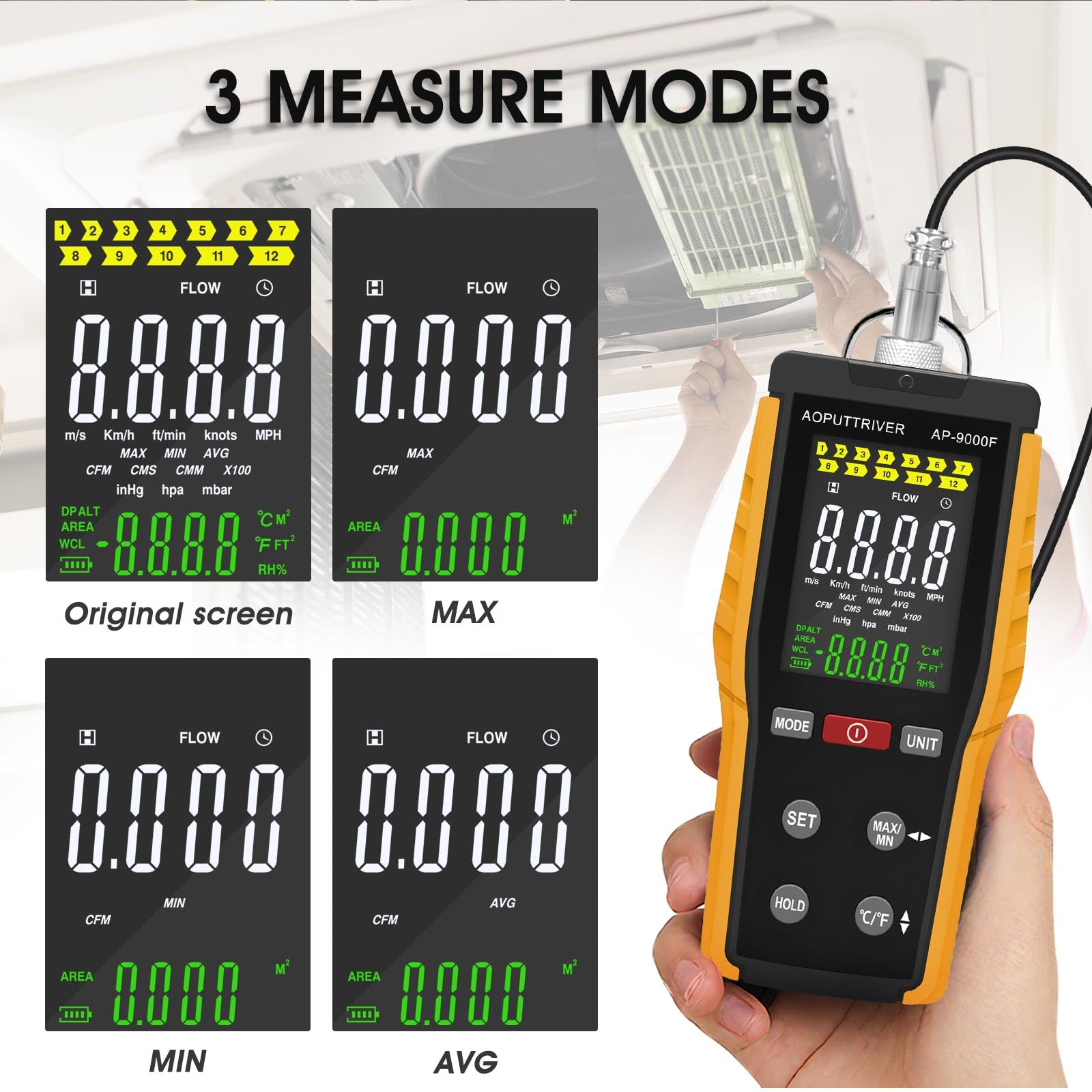 Anémomètre Portable, Anémomètre à fil Chaud pour CVC Avec Vitesse du Vent et Vitesse du Flux D'air 0,1-30 m/s CFM/CMM Débit D'air 0-999900 MAX/MIN/AVG Température et Rétroéclairage écran LCD AP-9000F