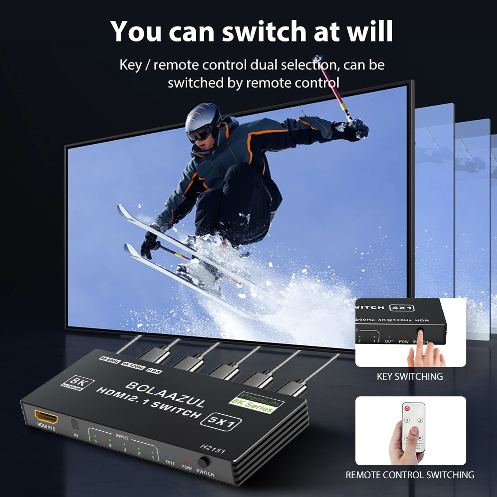 8K HDMI 2.1 Switch 4K 120Hz, Bolaazul HDMI Umschalter 5 in 1 Out 8K@60Hz 4K@120Hz 2K@144Hz, HDMI 2.1 Splitter 5-Port mit IR Fernbedienung, HDMI 5x1 HDR, 48GBPS, CEC, Dolby Vision für Xbox PS5 PC TV