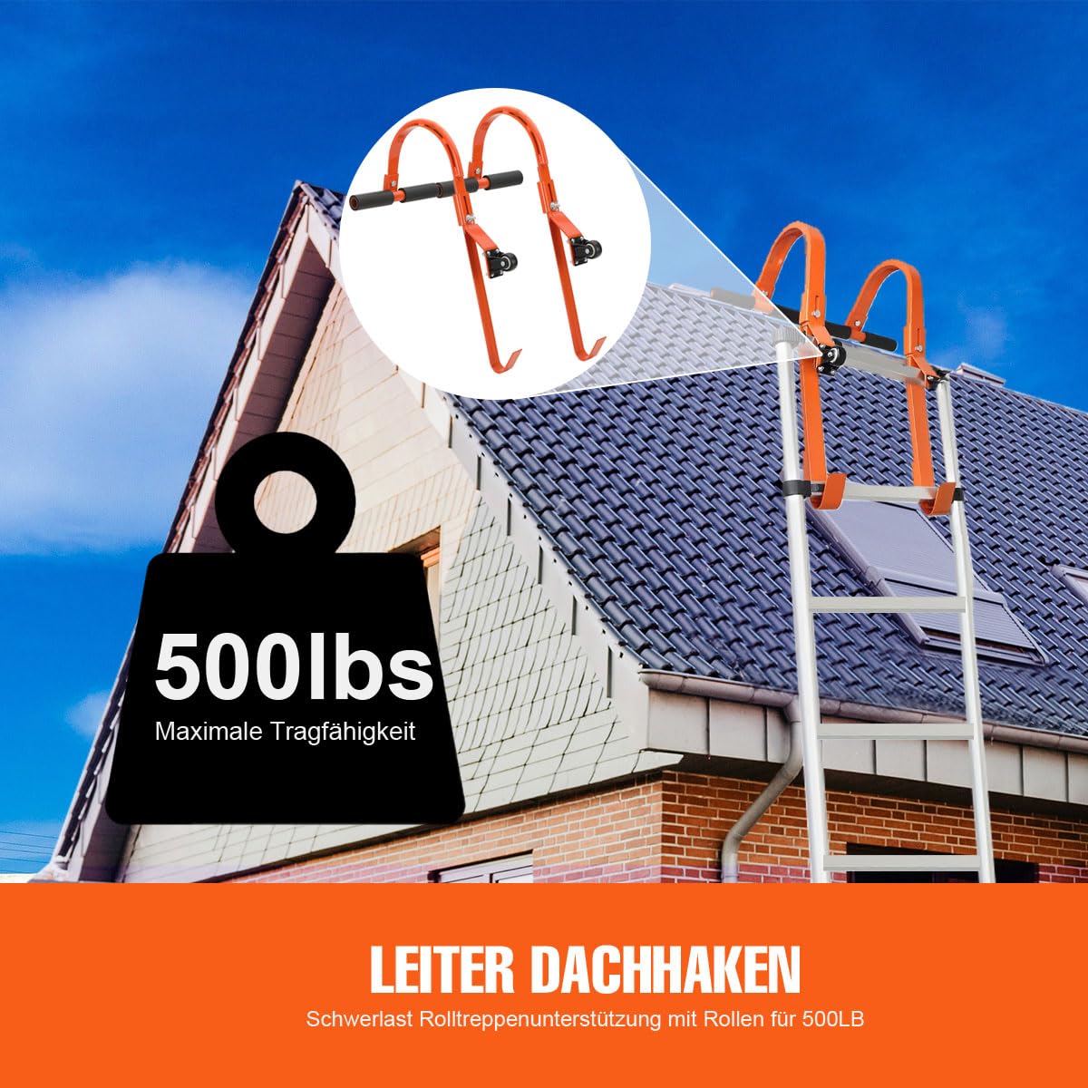 2 Stücke Dachleiterhaken Dachhaken Leiterhaken, Leiterzubehör, Universal Leiter Verlängerung, Stahlleiter Stabilisator für Dach, max 500lbs mit stationären Rädern und Gummigriff T-Bar
