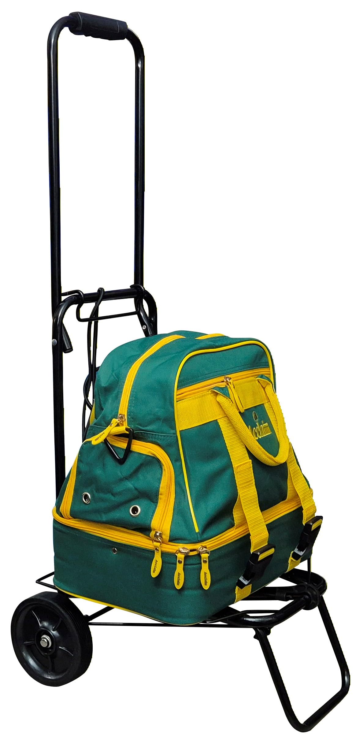 Acclaim Farne Midi Nylon Four Bowls Level Lawn Flat Green Short Mat Outdoor Bowling Bag & 39” Tall Heavy Duty Black Folding Handle Luggage Bag Trolley (Green/Yellow)