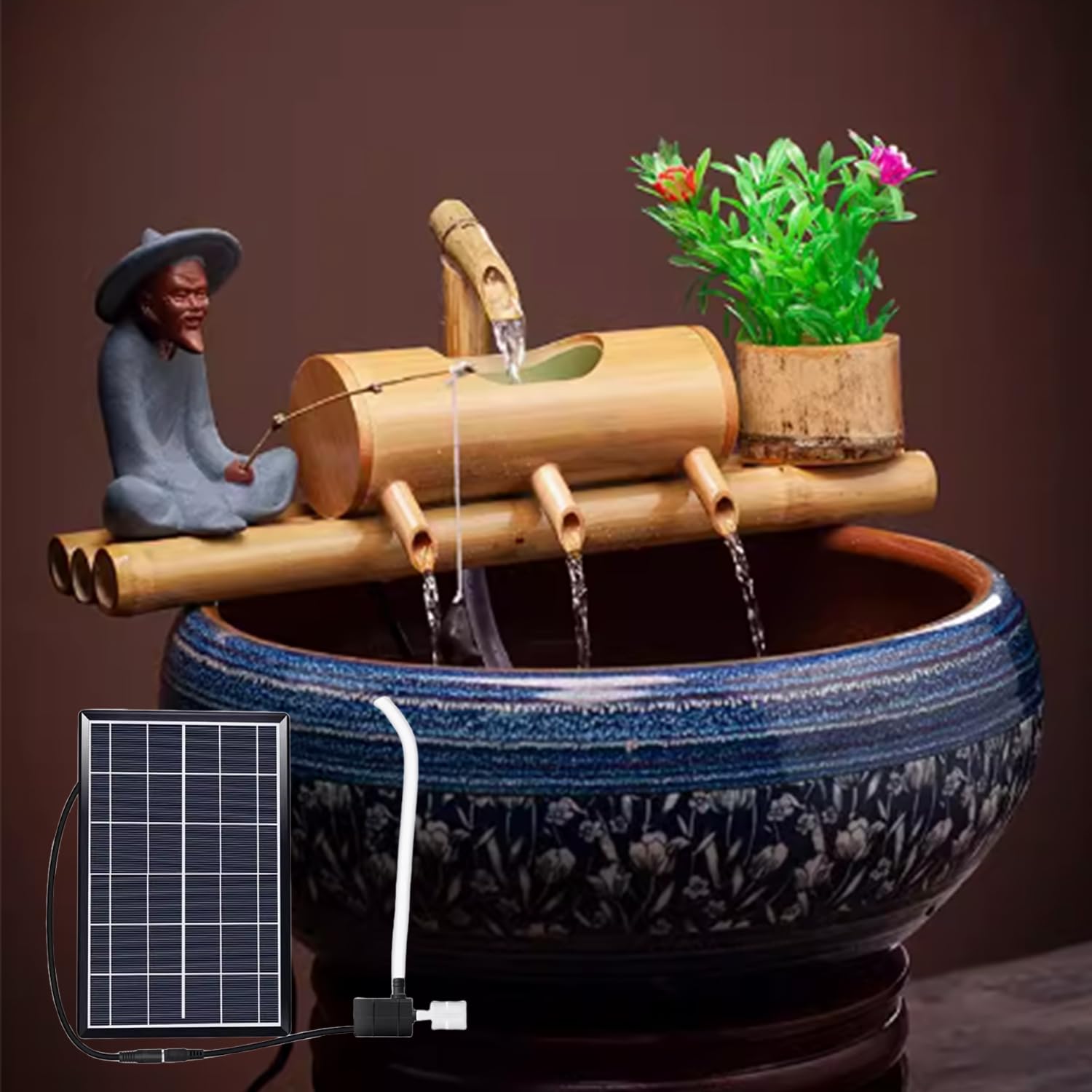 Feng Shui bambusowa fontanna ogrodowa z 4 wylotami wody, bambusowa fontanna solarna z pompką wodną, łatwa instalacja w stawie lub ogrodzie, do użytku wewnątrz i na zewnątrz, 35 cm