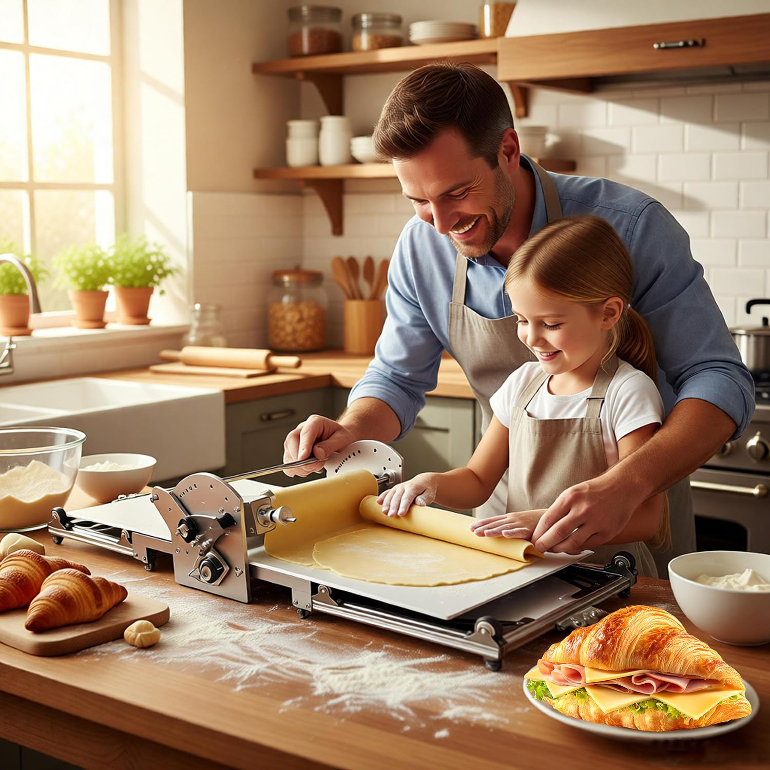 Laminadora de Masa eléctrica para hogar y pequeñas panaderías, máquina laminadora de Mesa 40", Espesor Ajustable, Rodillos con Giro inverso automático, Acero Inoxidable 304, Plegable