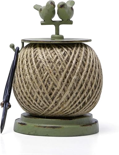 SOFFEE DESIGN Vintage Jute Twine Spool with Scissors Holder Set for Garden Farmhouse Kitchen Antique Twine and Scissors Set Green Birds