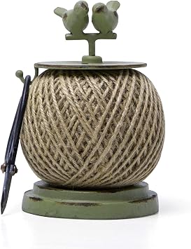 SOFFEE DESIGN Vintage Jute Twine Spool with Scissors Holder Set for Garden Farmhouse Kitchen Antique Twine and Scissors Set Green Birds