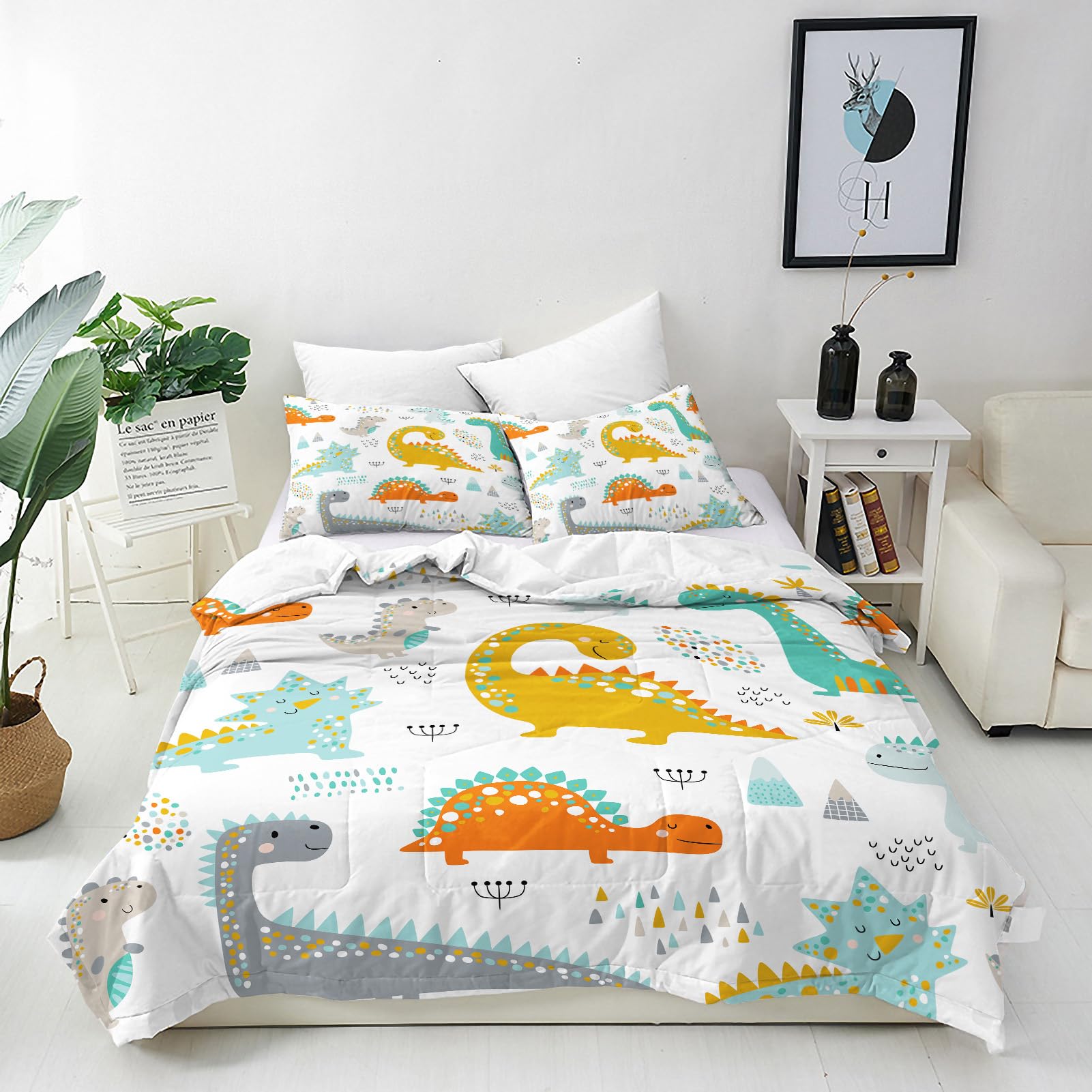 ANHOPE 2 Piece Duvet Cover 135 x 200 cm + Pillowcase 80 x 80 cm Kids Boys Girls Teens Bedding Set with Cute Funny Colorful Cartoon Dinosaur Print Pattern Quilt Cover with Zipper Closure โ image 1